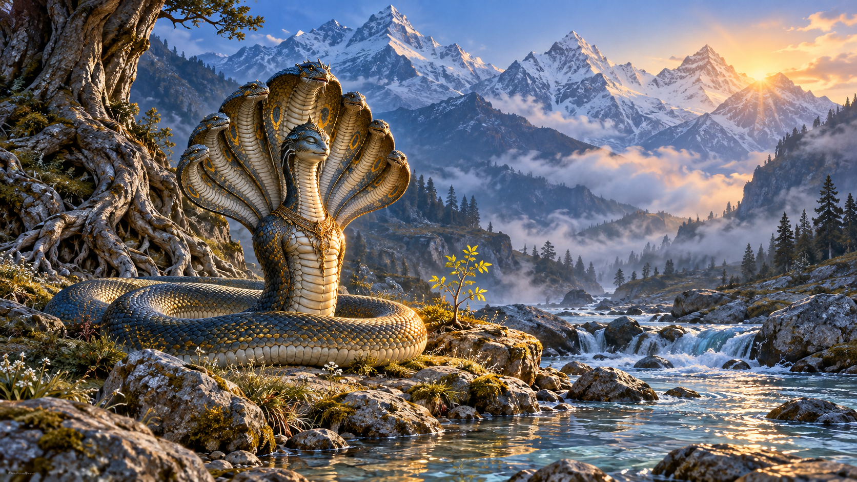 Shesha meditates beside a mountain river at dawn, with distant peaks and a young sapling nearby.