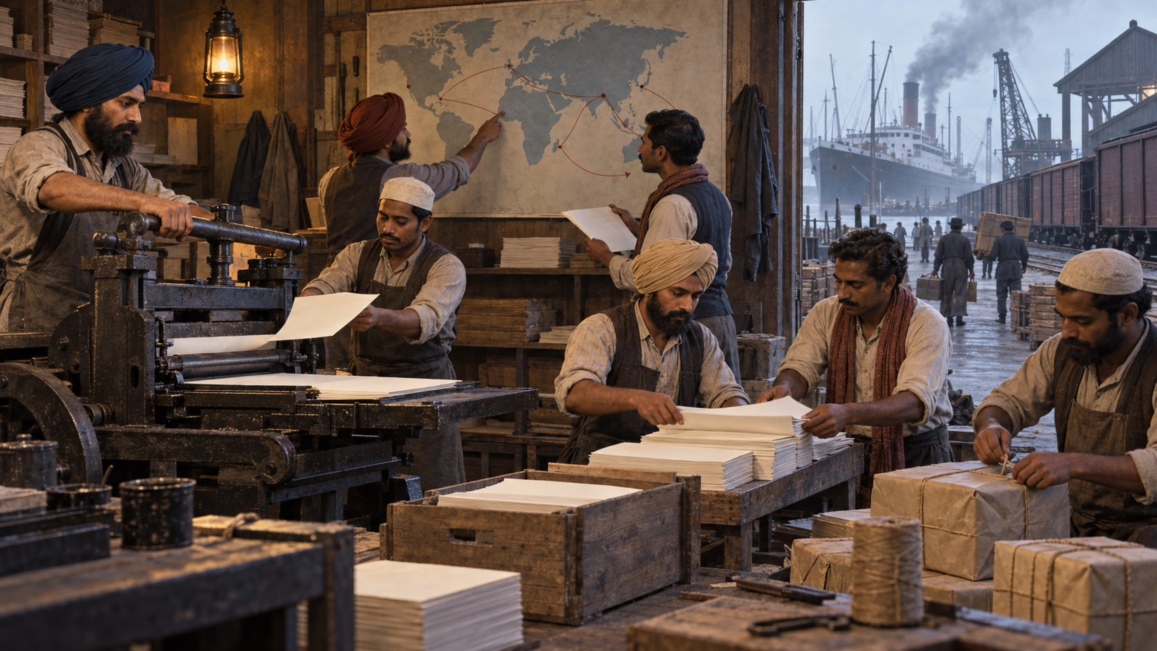 South Asian migrant organizers work together at a hand printing press near a Pacific port, preparing papers and parcels for an overseas network.