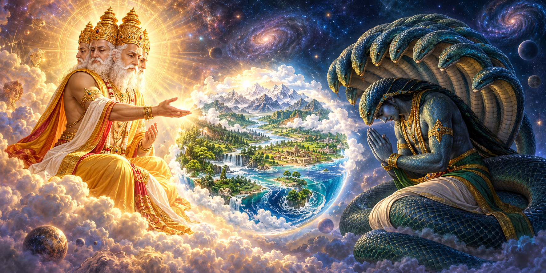 Brahma entrusts a bowed Shesha with sustaining a luminous world of mountains, rivers, forests, and settlements.