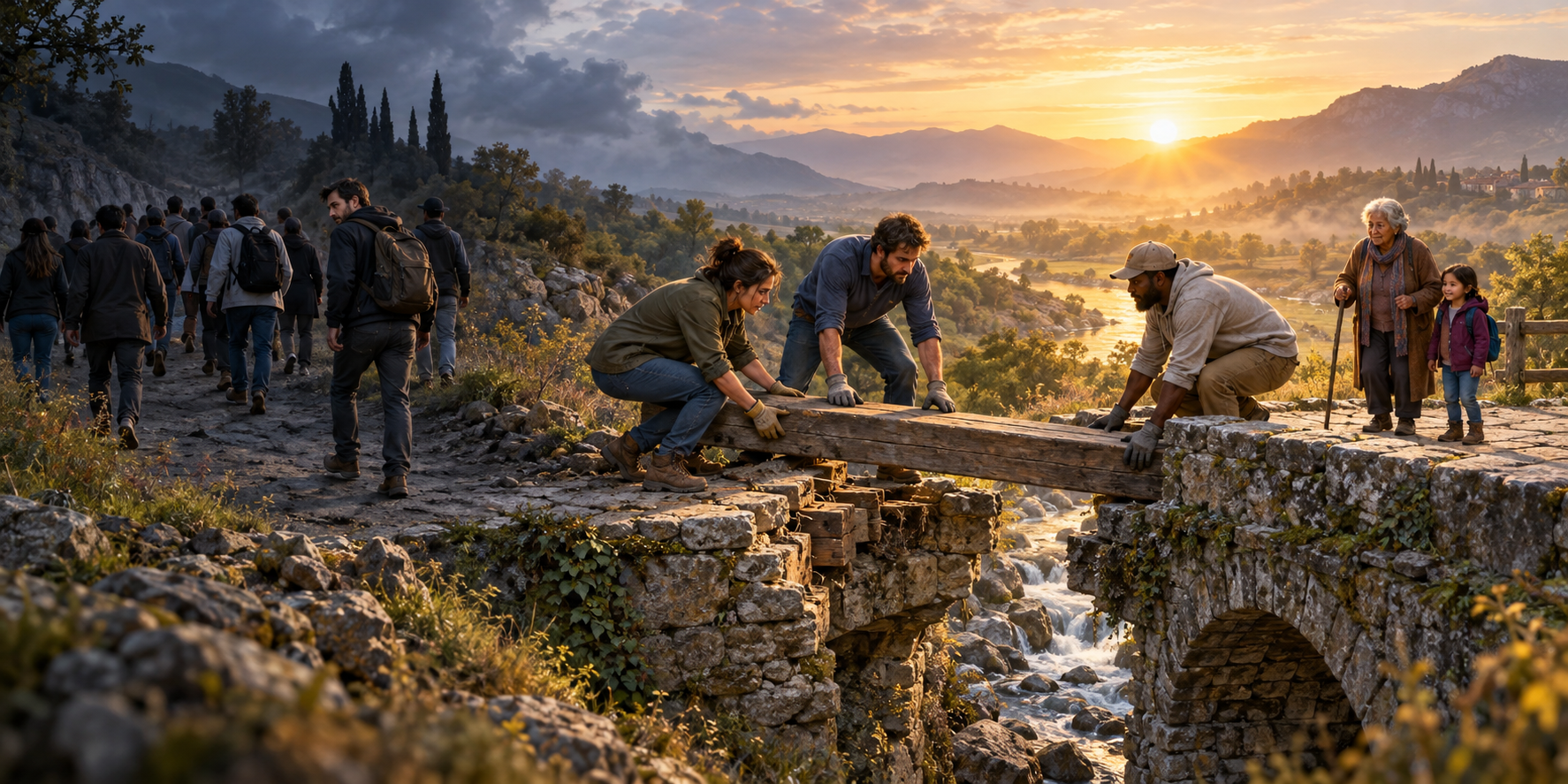 Several people repair a damaged footbridge at sunrise while another group walks away along a shadowed road.