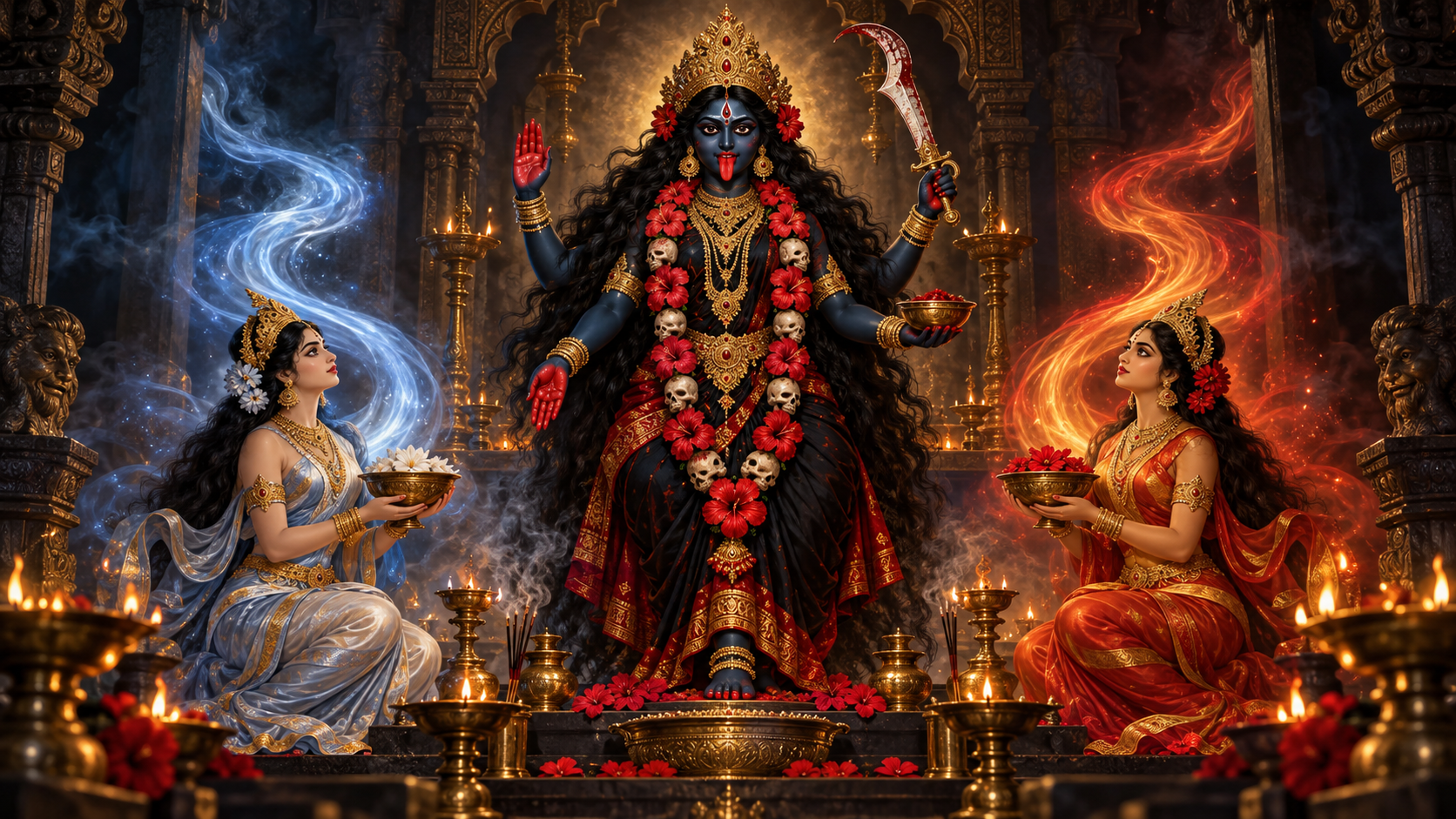 Kali stands at the center of a lamp-lit temple scene with Dakini and Varnini on either side, accompanied by cool blue and warm red currents of light.
