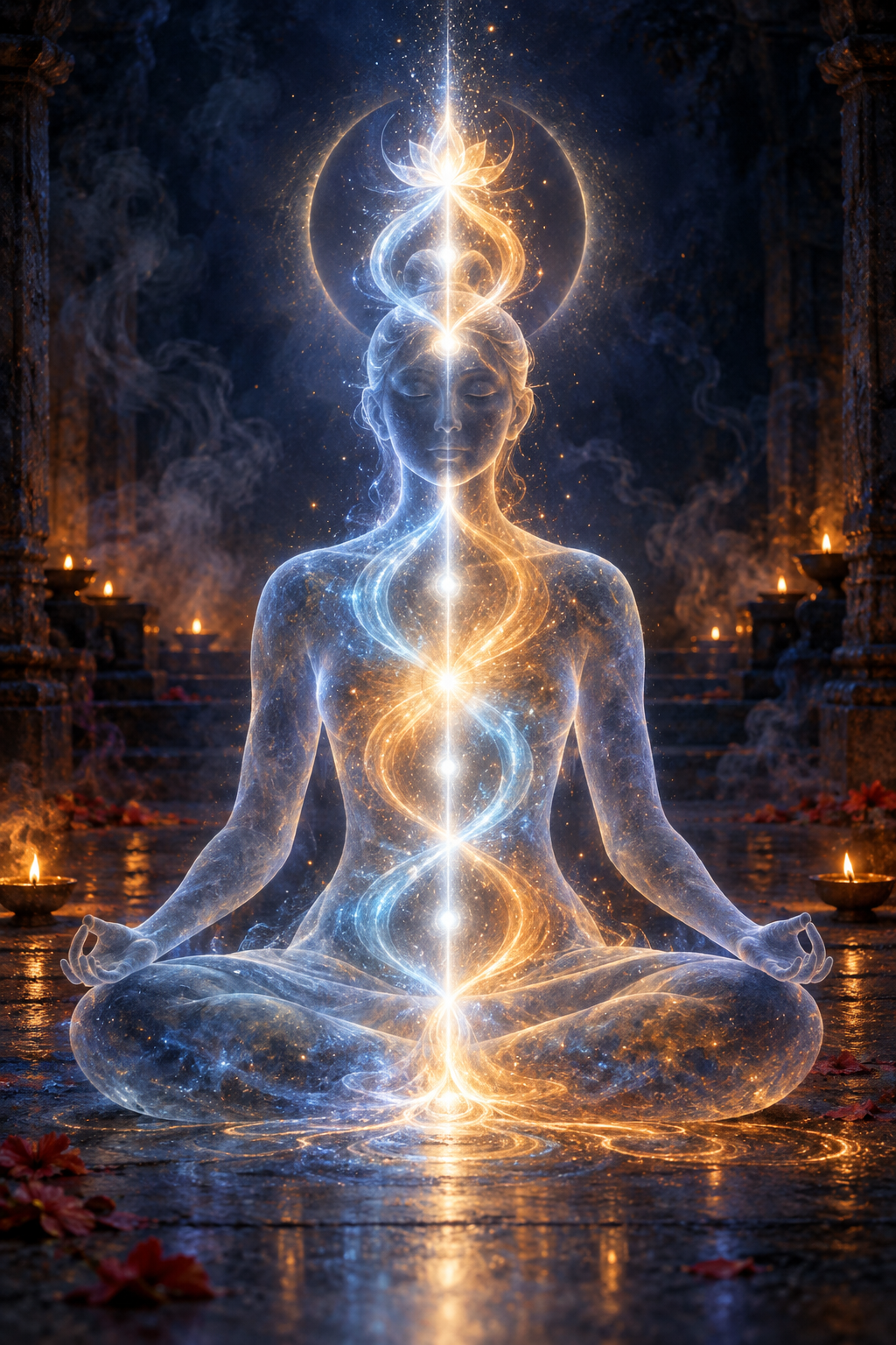 A seated meditating figure contains blue and gold currents spiraling around a central white channel of light.