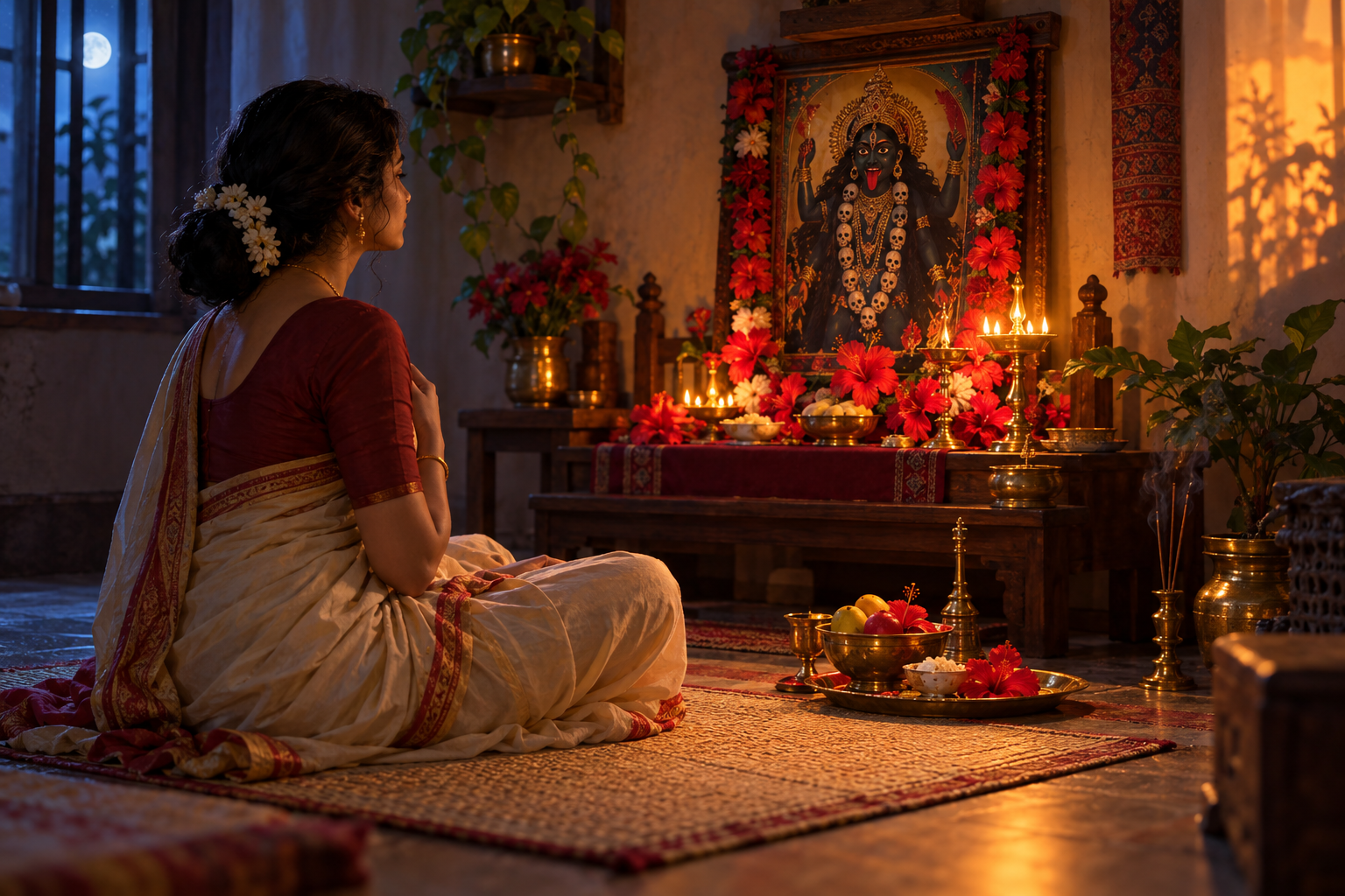 A practitioner meditates before a Kali Puja shrine as blue and amber light converge around an oil-lamp flame.