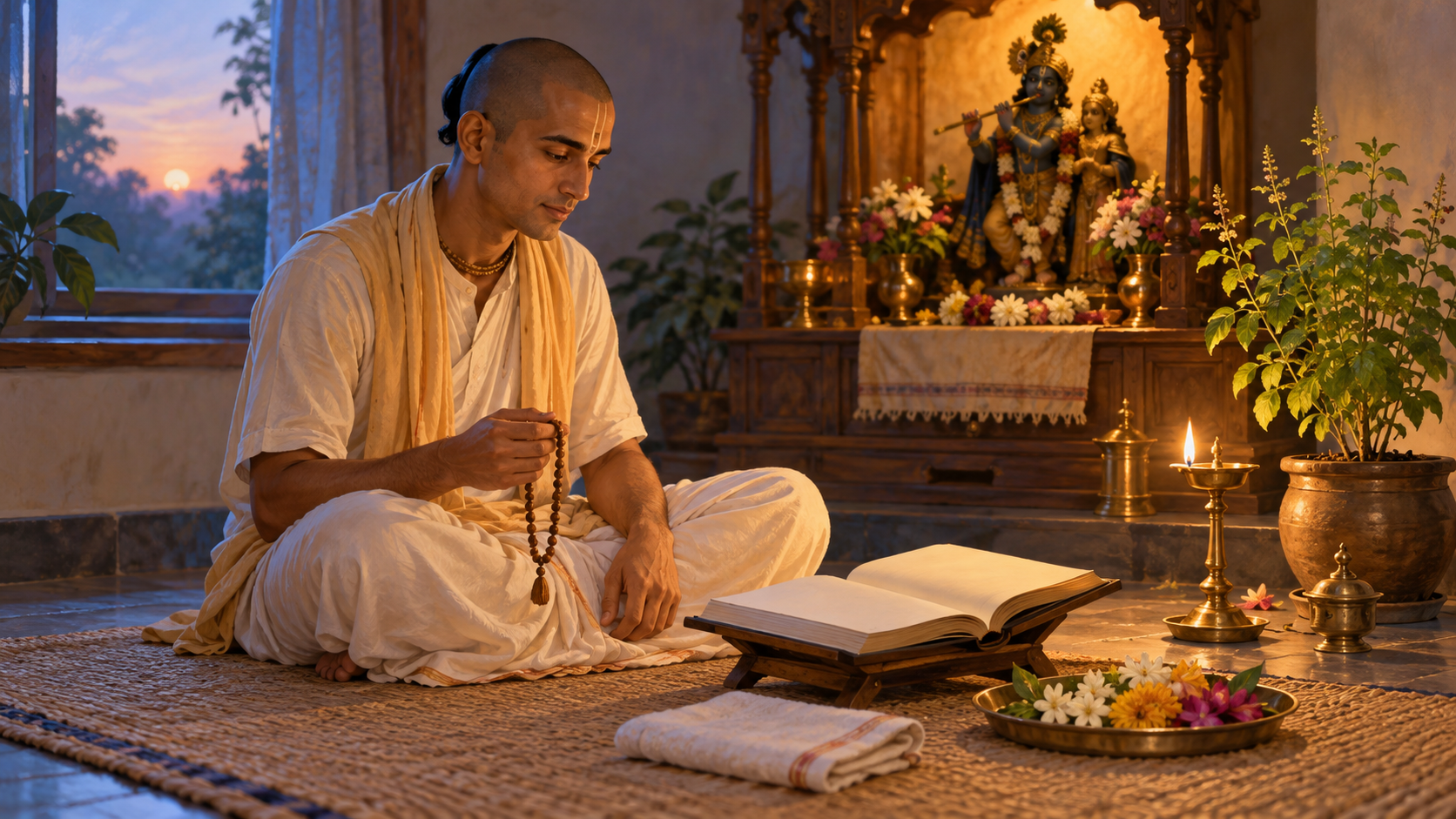 A Vaishnava practitioner sits with prayer beads near a home altar, an oil lamp, a tulasi plant, scripture, flowers, and items prepared for service.