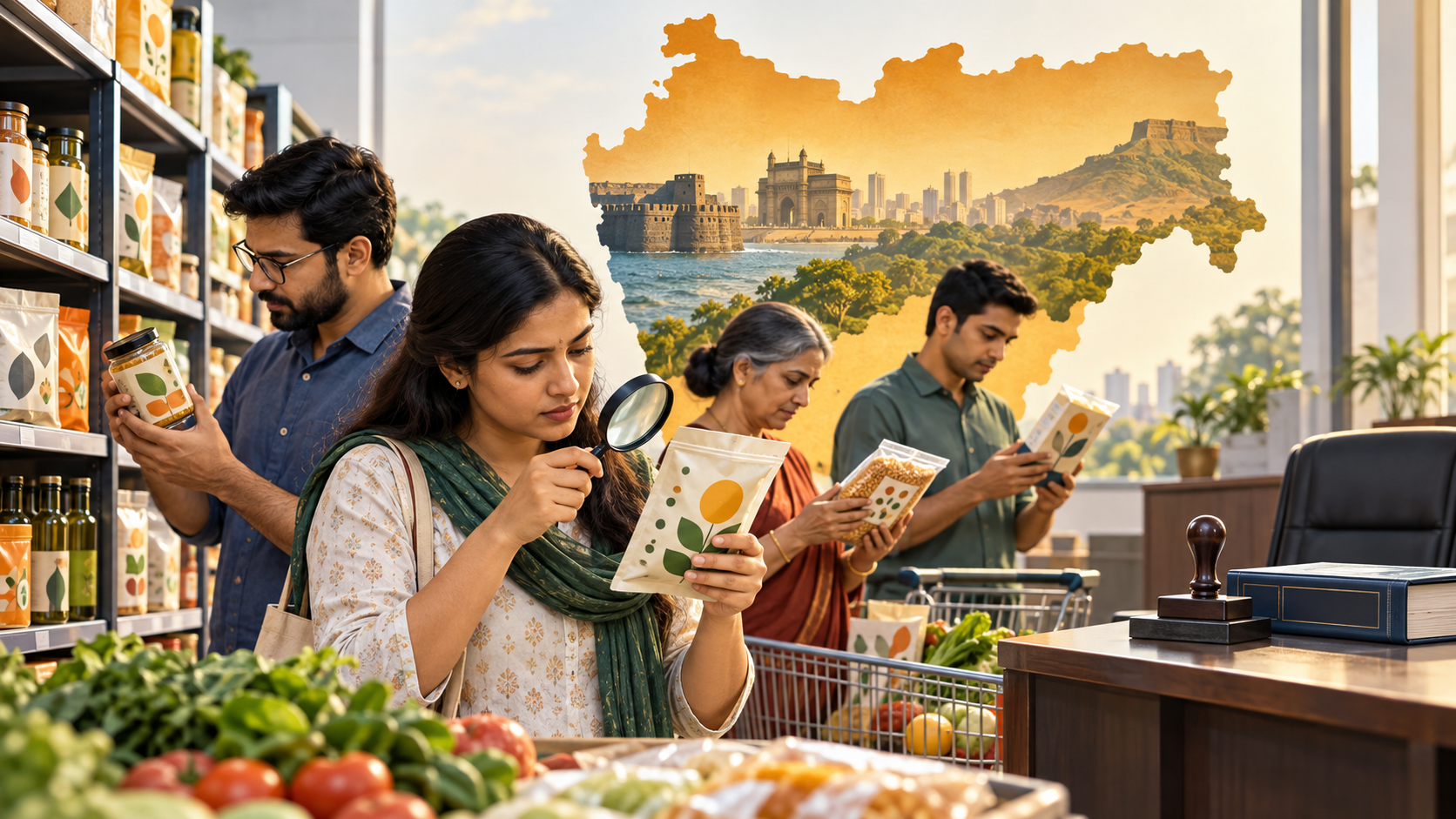 Illustration of consumers examining packaged-food symbols in a Maharashtra grocery aisle, with a government desk and unused official stamp nearby.