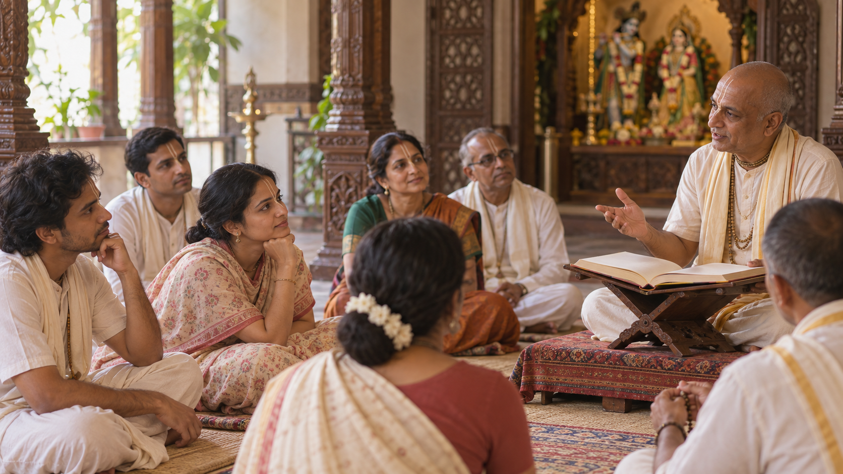 A Vaishnava teacher speaks from an open book while a small group listens attentively on mats in a temple hall.