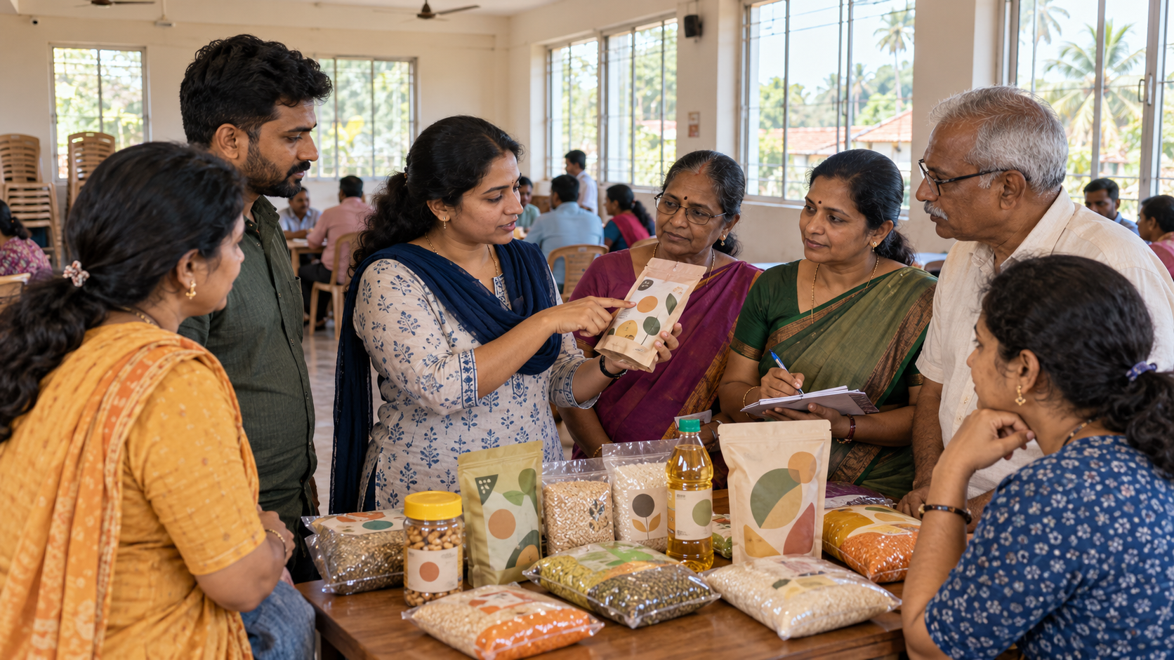 Residents and volunteers discuss generic packaged-food labels at a peaceful consumer-awareness meeting in Maharashtra.