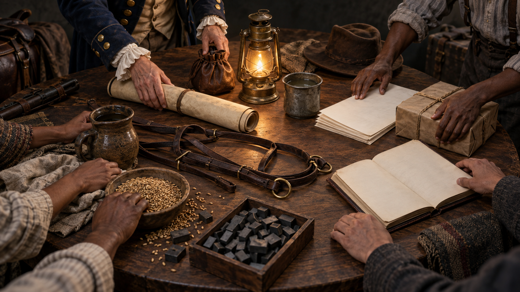 Hands from two historical eras gather maps, supplies, blank printed sheets, a parcel, grain, and a lantern around a shared circular workspace.