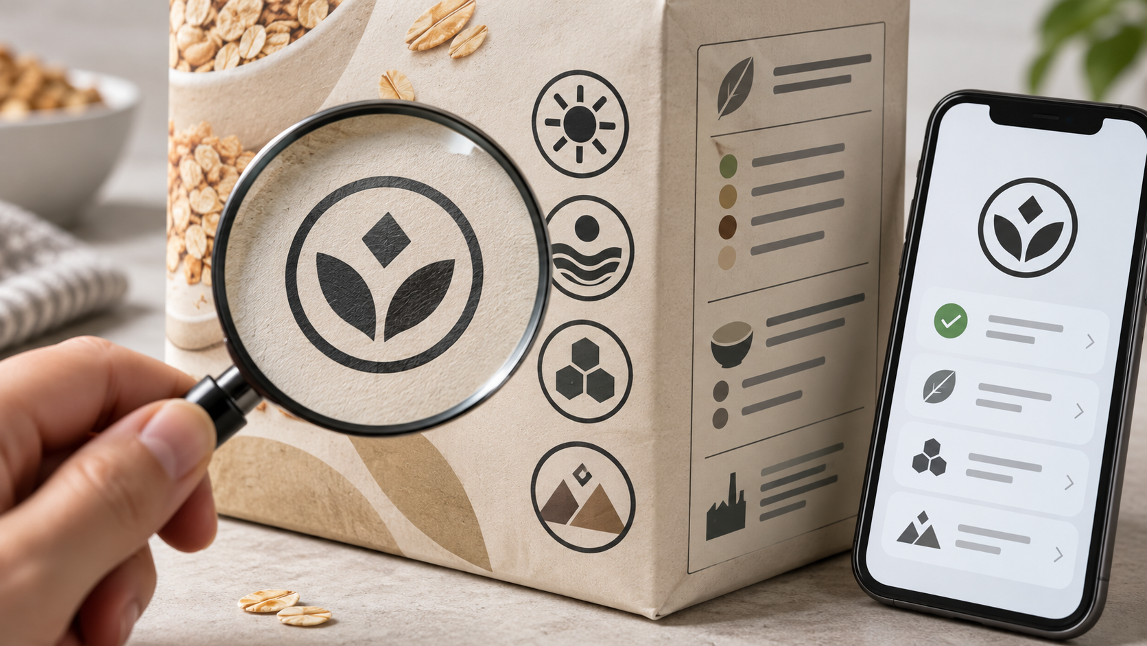 A magnifying glass enlarges an abstract seal on plain food packaging beside a phone with a generic verification screen.