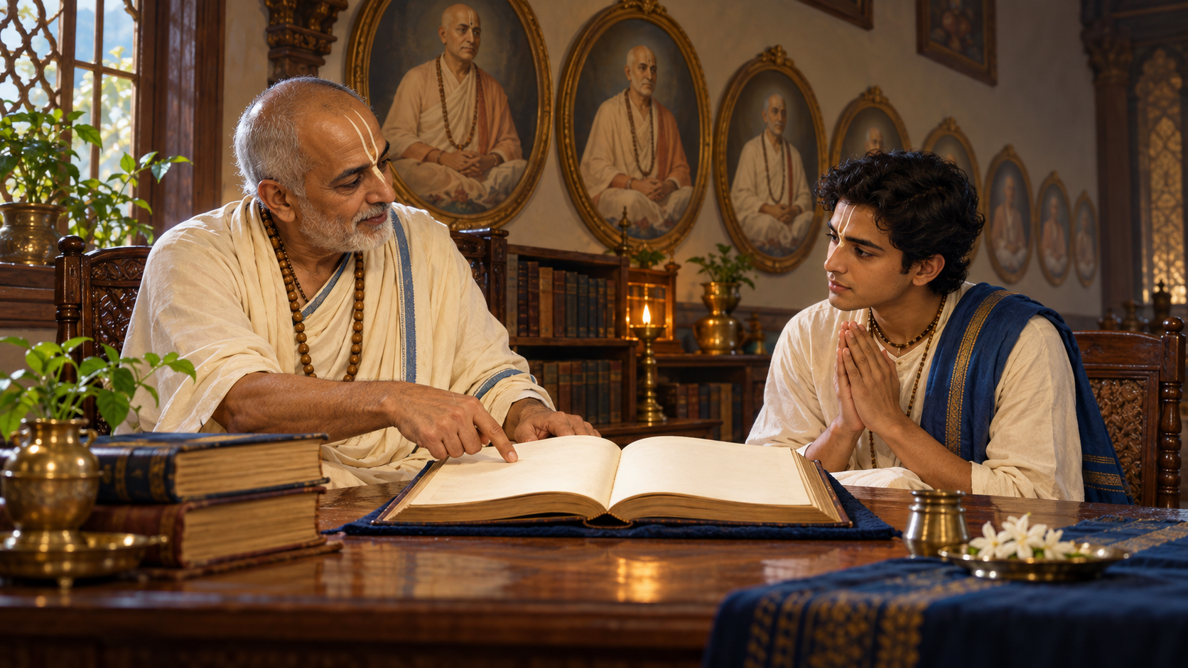 A Vaishnava student listens to an elder teacher who points toward an open scripture, with a row of historical teacher portraits behind them.