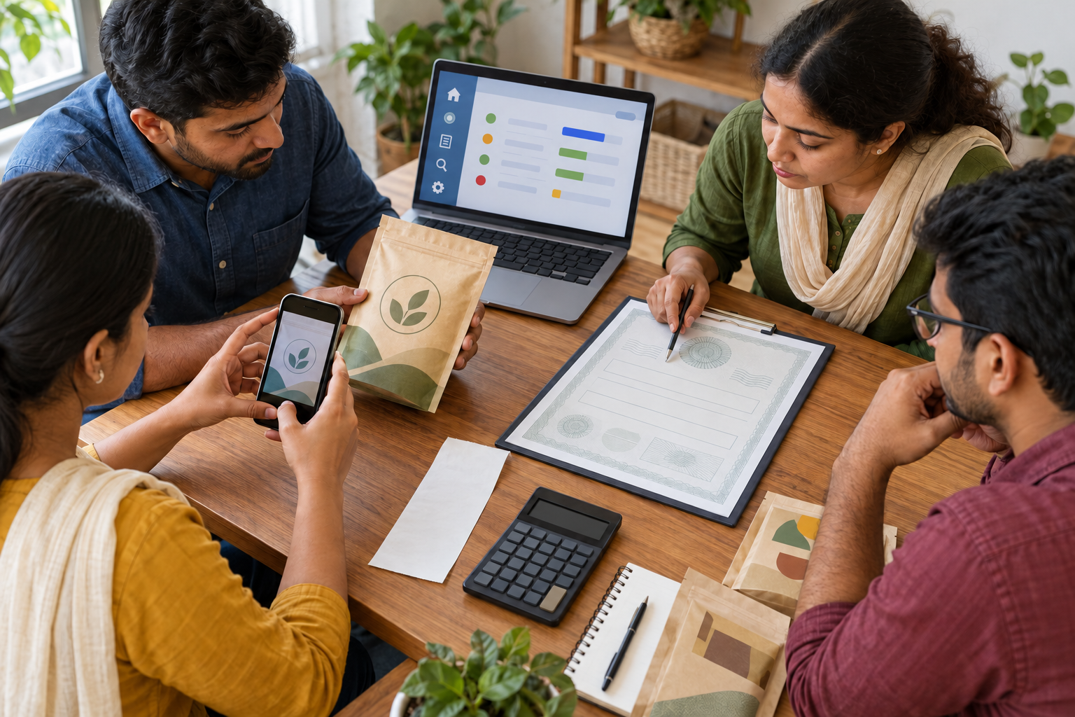 Consumers verify a generic package by comparing it with documents, a receipt, a laptop, and a phone at a table.