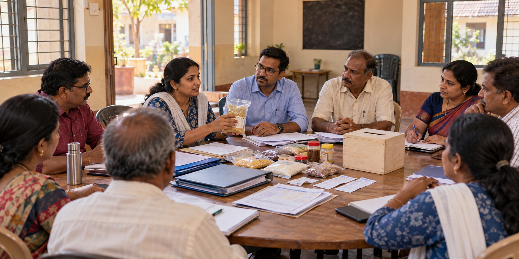 Residents, shopkeepers, and consumer advocates hold a respectful evidence-based meeting around a table in a Maharashtra community center.