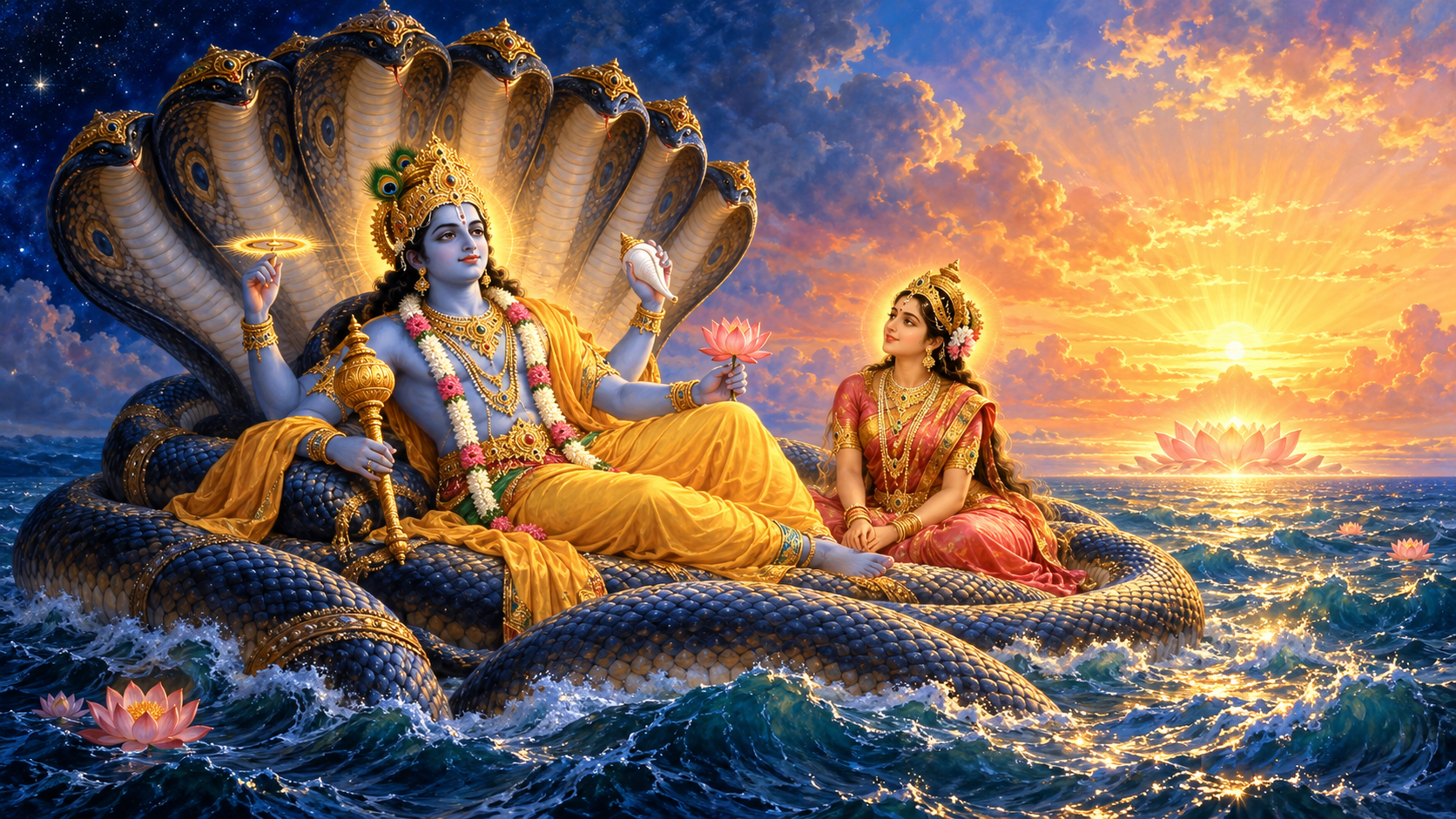 A devotional illustration of Lord Vishnu awakening on Shesha above a cosmic ocean as golden dawn light appears.