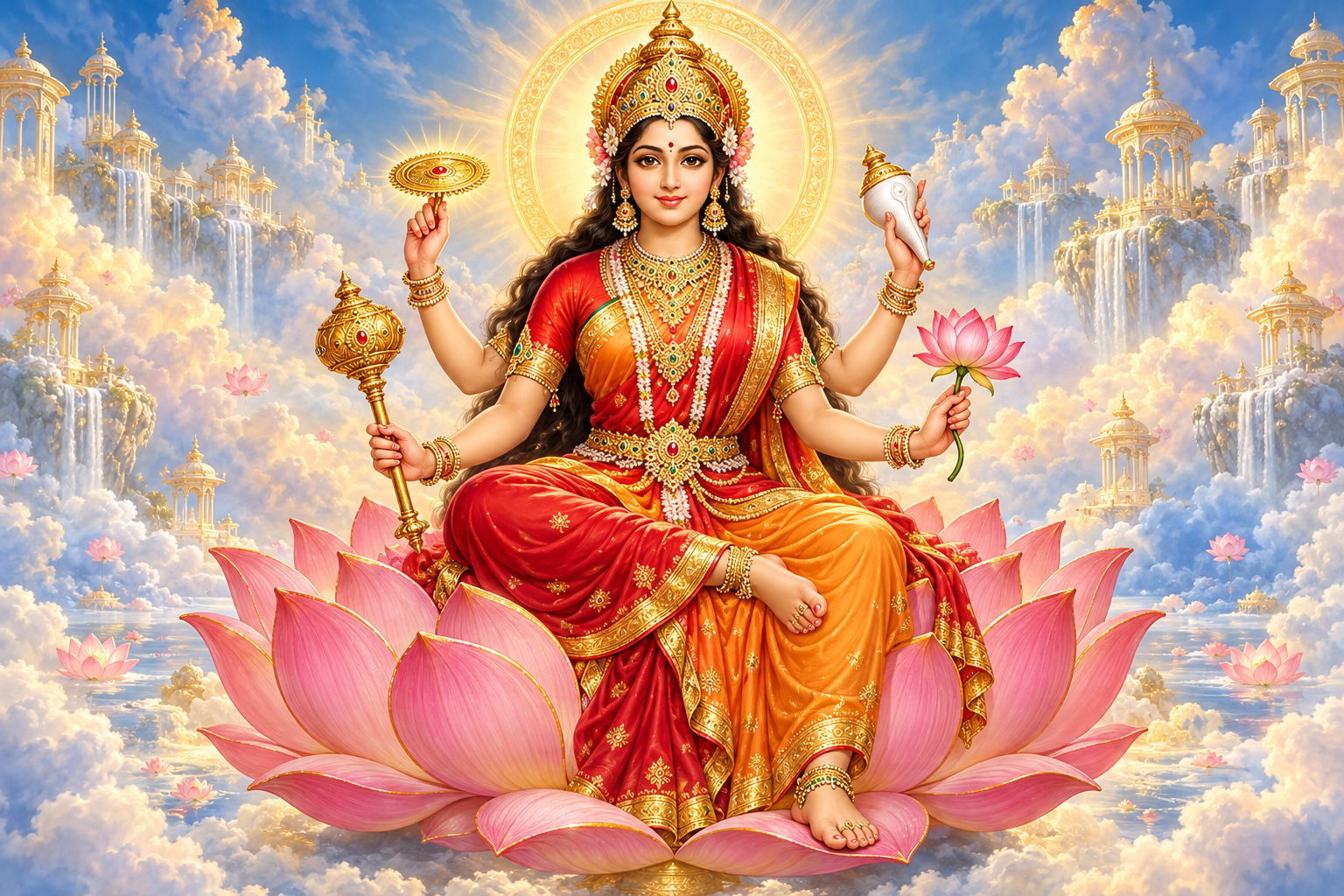 A devotional illustration of four-armed Goddess Siddhidatri seated on a pink lotus and holding a conch, discus, mace, and lotus.