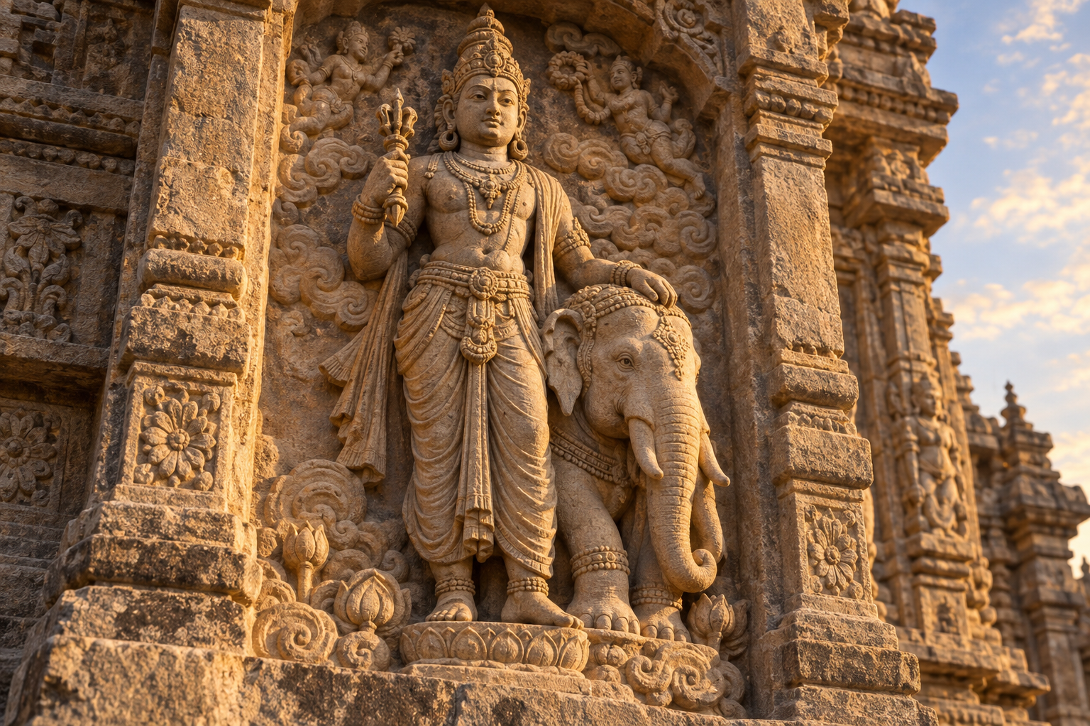 Carved stone relief of crowned Indra holding a vajra above his elephant mount in an exterior temple niche lit by the rising sun.