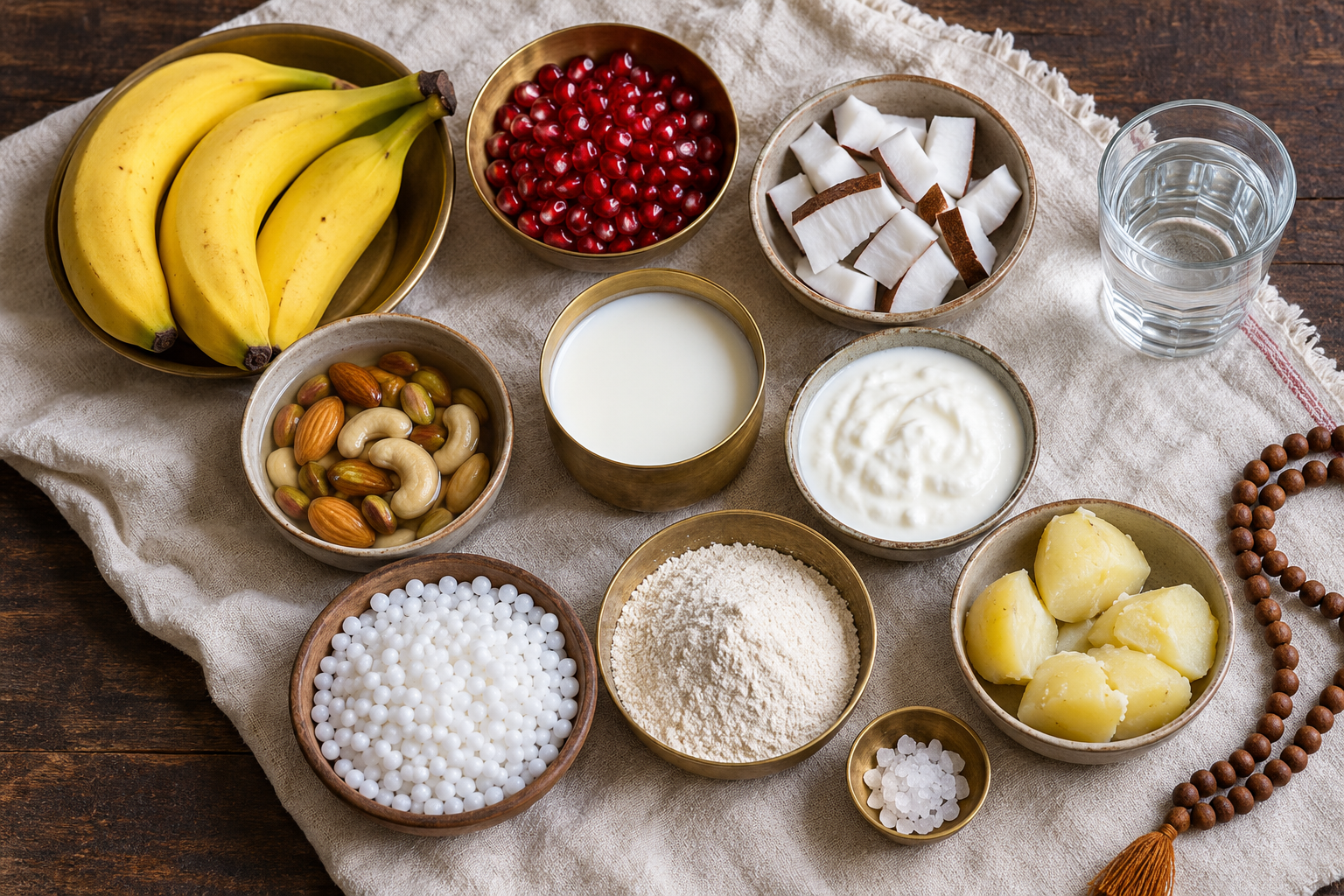 An overhead arrangement of fruit, nuts, milk, yogurt, sabudana, potatoes, water chestnut flour, rock salt, water, and prayer beads.