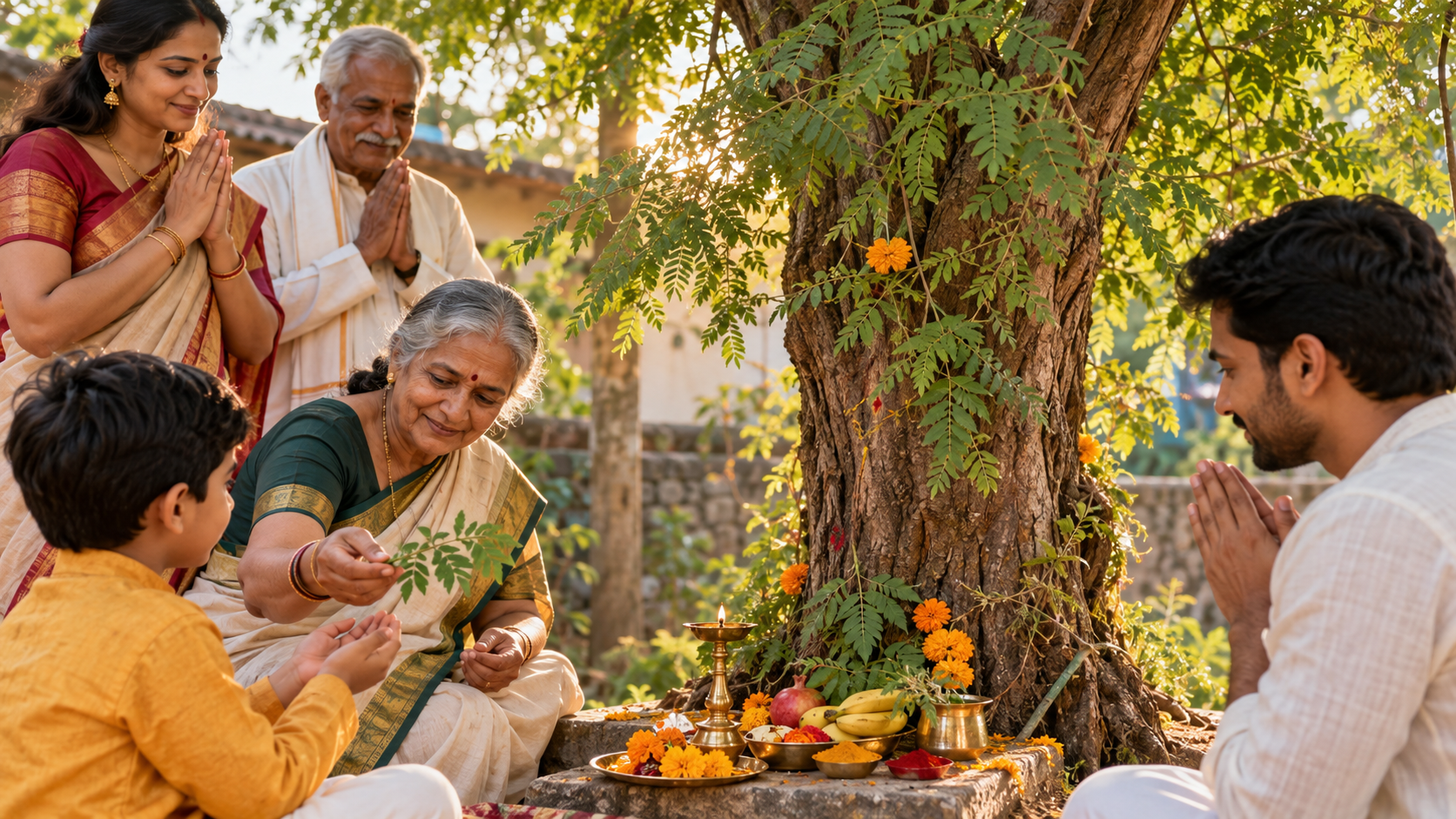 A multigenerational family gathers beneath a Shami tree with flowers, an oil lamp and other puja offerings for Vijayadashami.