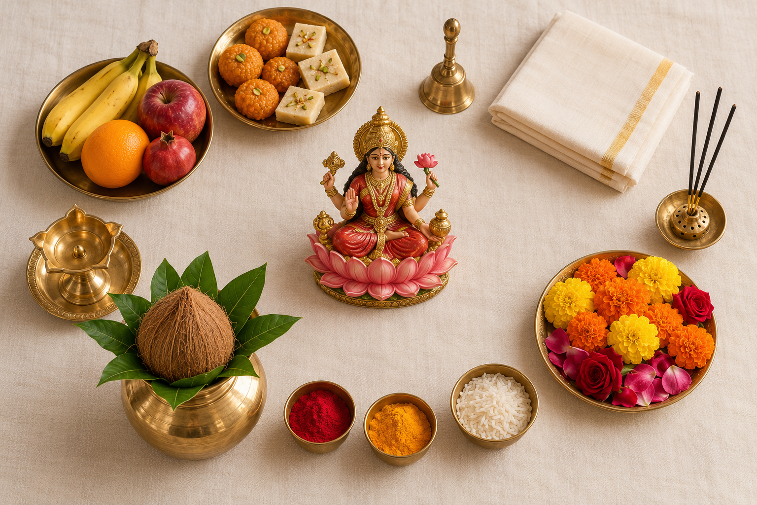 An overhead arrangement of Siddhidatri puja items, including a diya, kalash, flowers, incense, rice, fruit, sweets, bell, and a small goddess figure.