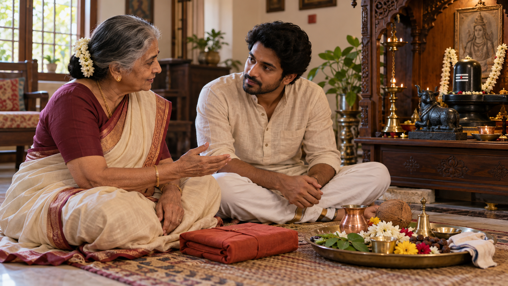 An older family member speaks with a younger adult beside a home shrine, a wrapped notebook, and a tray of puja materials.