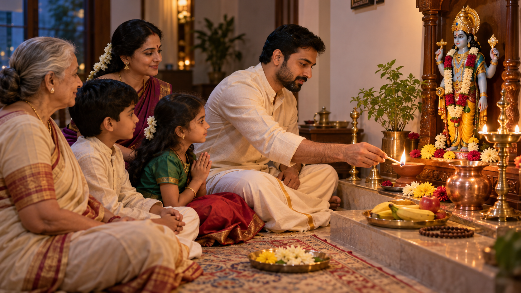 A family seated in a home prayer space as an adult lights an oil lamp beside flowers, fruit, Tulsi, and a copper vessel.