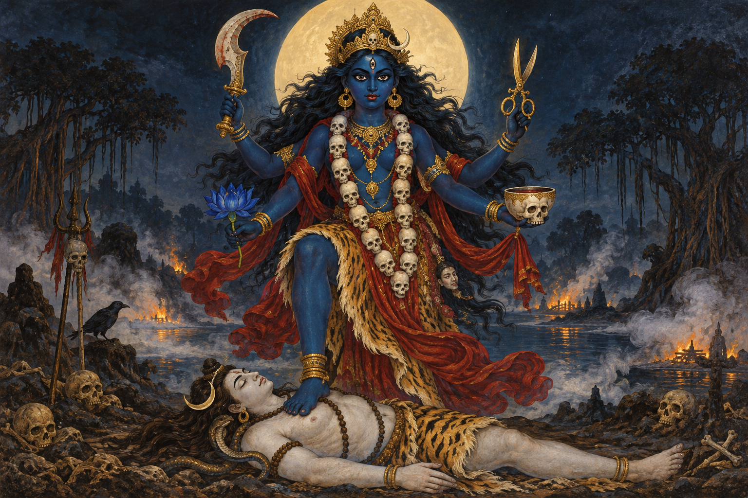 A stylized deep-blue, four-armed Tara Mahavidya stands above a recumbent Shiva figure in a moonlit cremation-ground landscape, holding ritual implements within a golden halo.