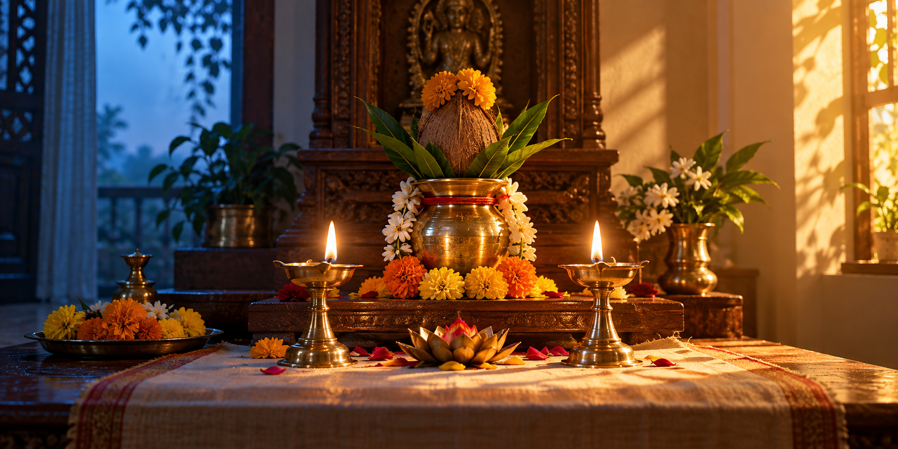 Two brass lamps stand before one flower-decorated home altar as the light shifts from predawn blue to warm morning sunlight.