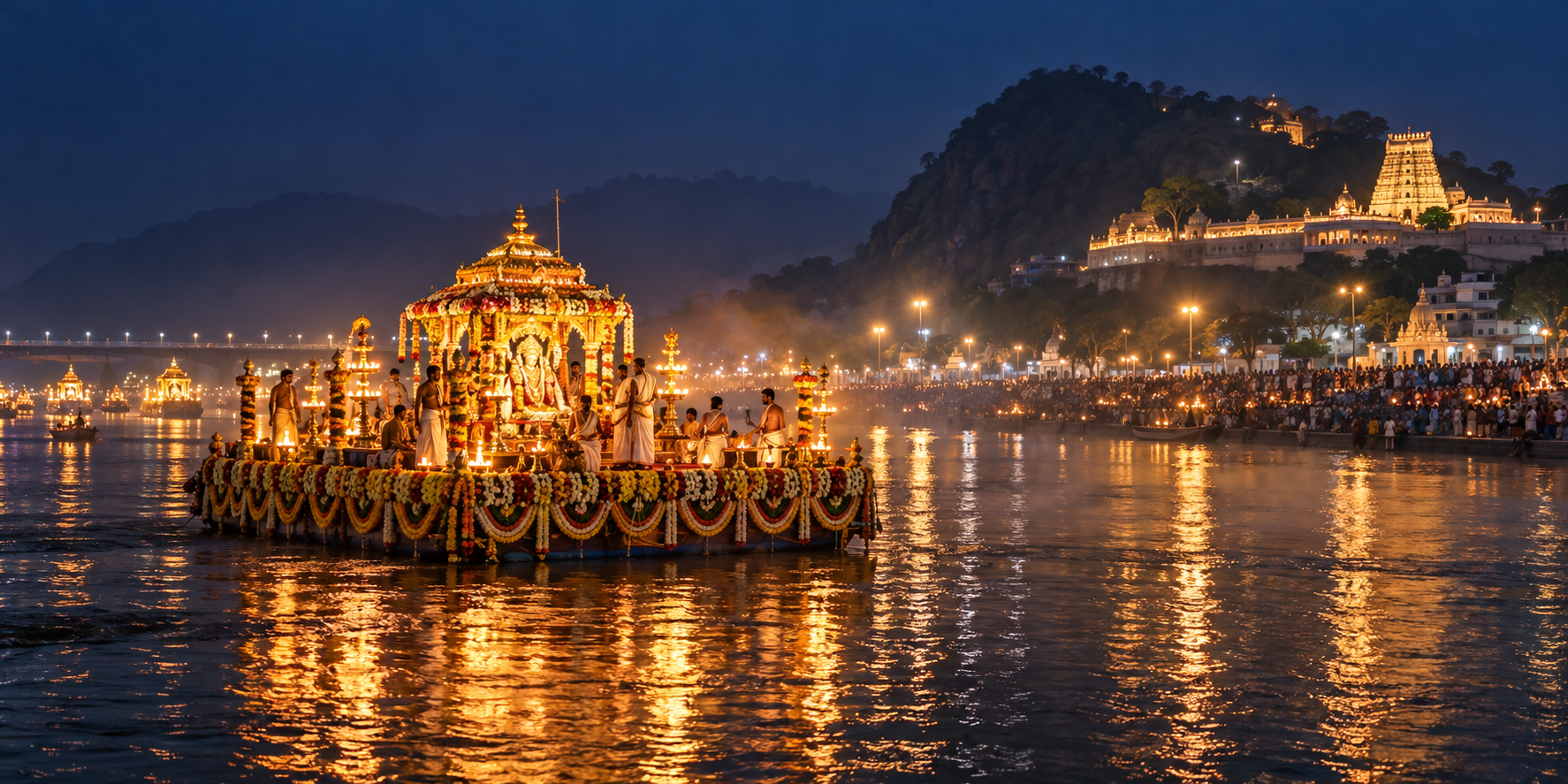 An illuminated ceremonial temple float crosses the Krishna River during Vijayawada's Theppotsavam as devotees watch from the bank.