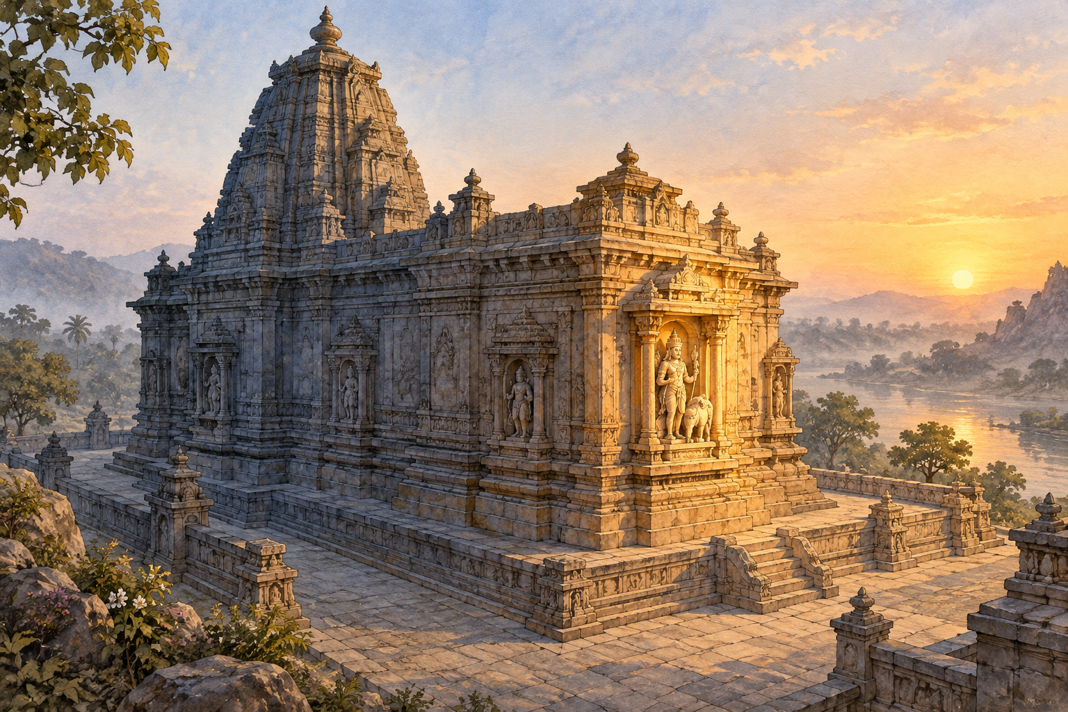 Temple at dawn with the sunrise illuminating an eastern wall niche containing a deity and elephant.