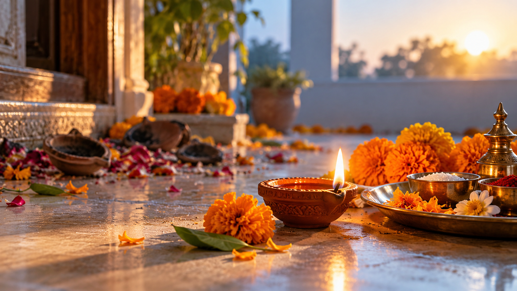 A freshly lit clay lamp and marigold offering in morning light, with used Diwali lamps softly visible behind them.