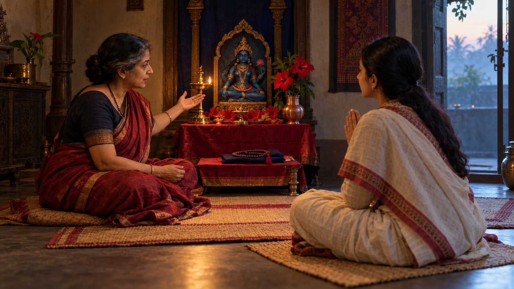 An adult devotee sits with folded hands beside a woman teacher in a small Shakta shrine room containing a Tara image, oil lamp, flowers, prayer beads, and a copper vessel.