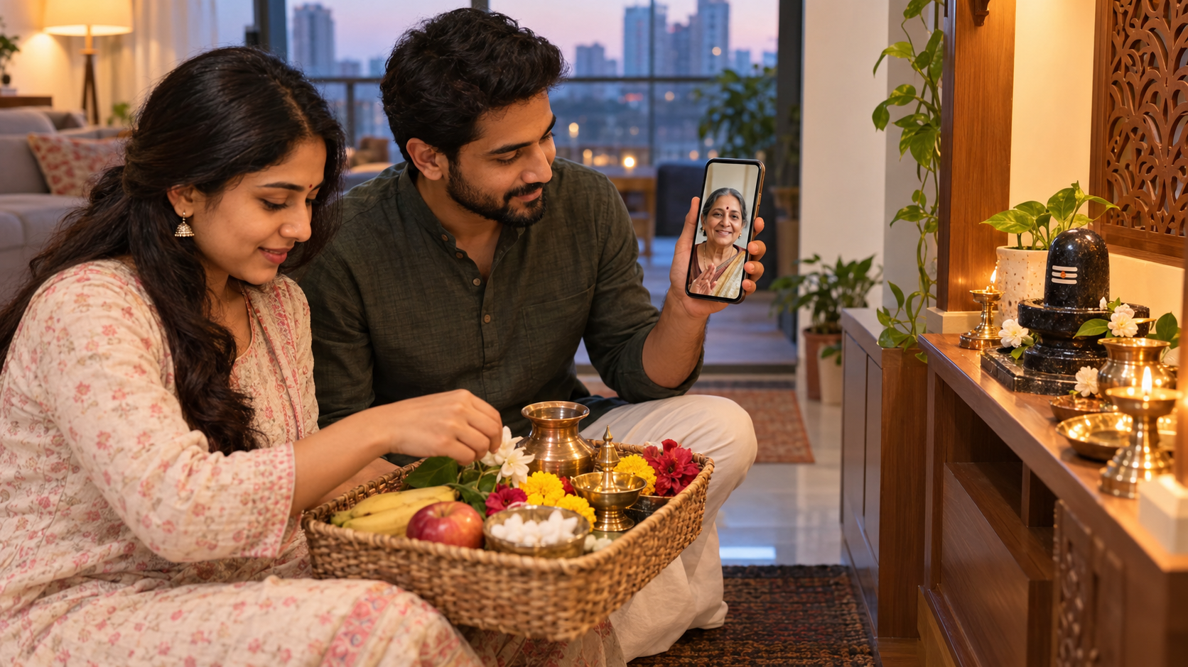 A couple in an apartment consults an elder by video call while preparing a small Shiva prayer space with flowers, fruit, and a brass lamp.
