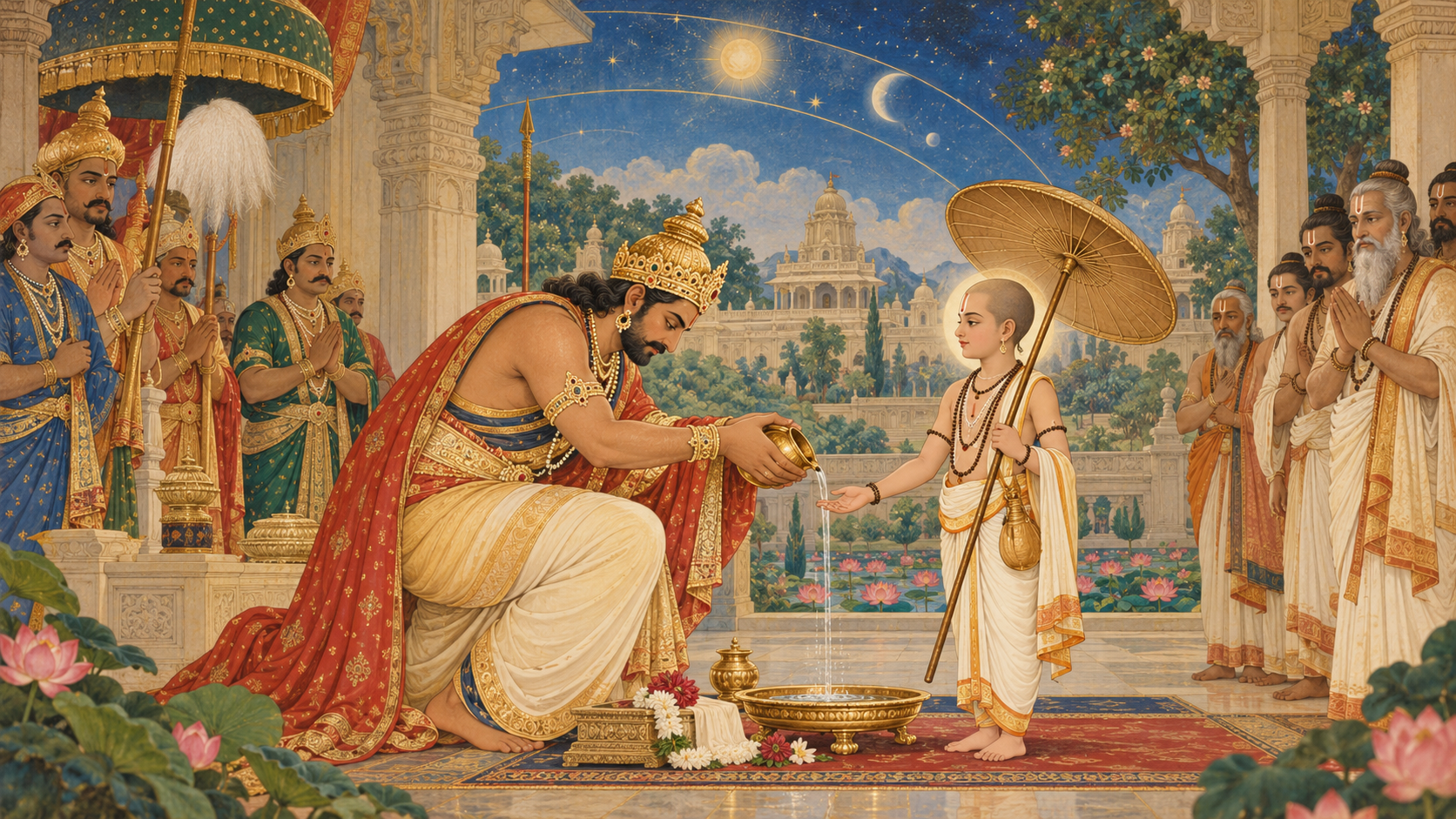 An illustration of Raja Bali making a ceremonial offering to Vamana in a temple courtyard while attendants look on.