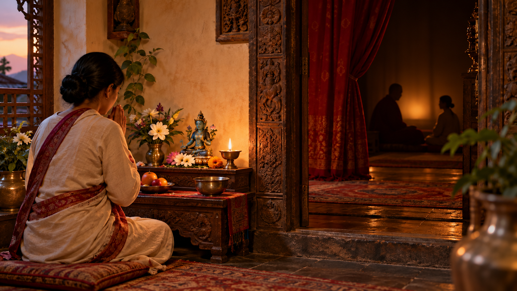 A devotee tends a simple Tara altar in the foreground while a partly curtained inner sanctum with a teacher and student remains visible beyond a wooden threshold.