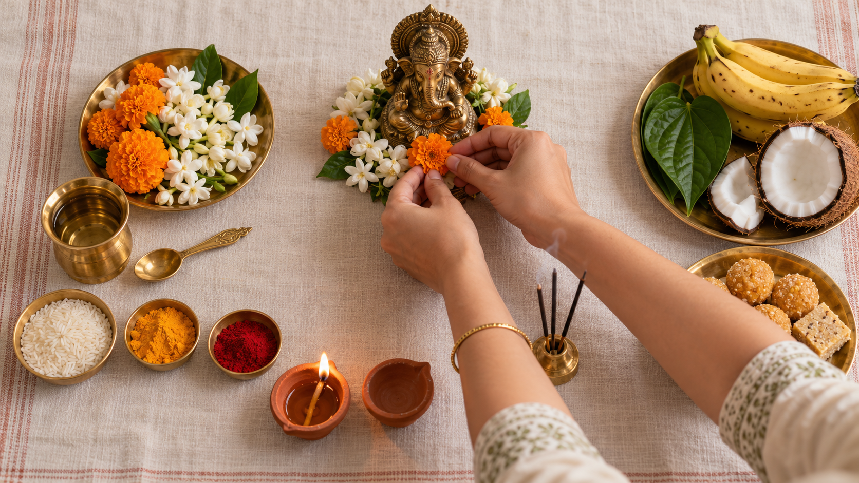 An overhead view of a simple home puja setup with a diya, water, rice, flowers, incense, fruit, leaves, sweets, and a brass figure.