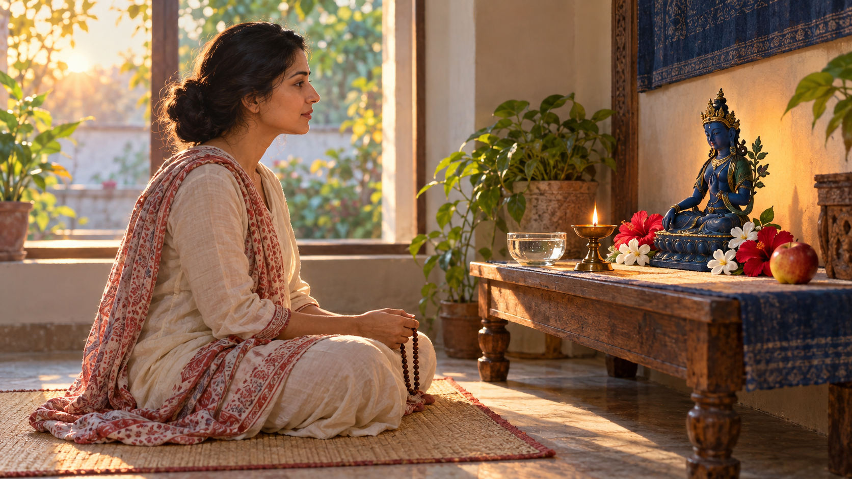 A seated devotee practices quietly at sunrise before a simple home altar with a blue Tara image, an oil lamp, water, flowers, fruit, and prayer beads.