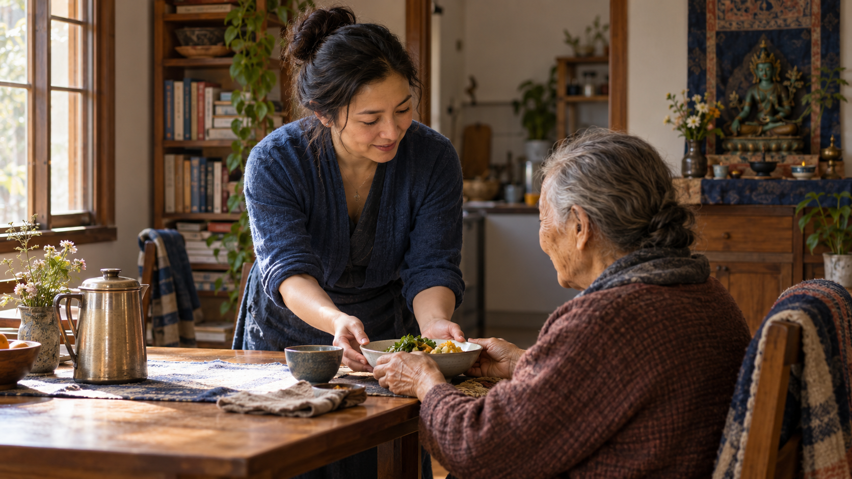 A calm devotee serves a meal to an elderly family member in a sunlit home, with a small Tara shrine visible in the background.