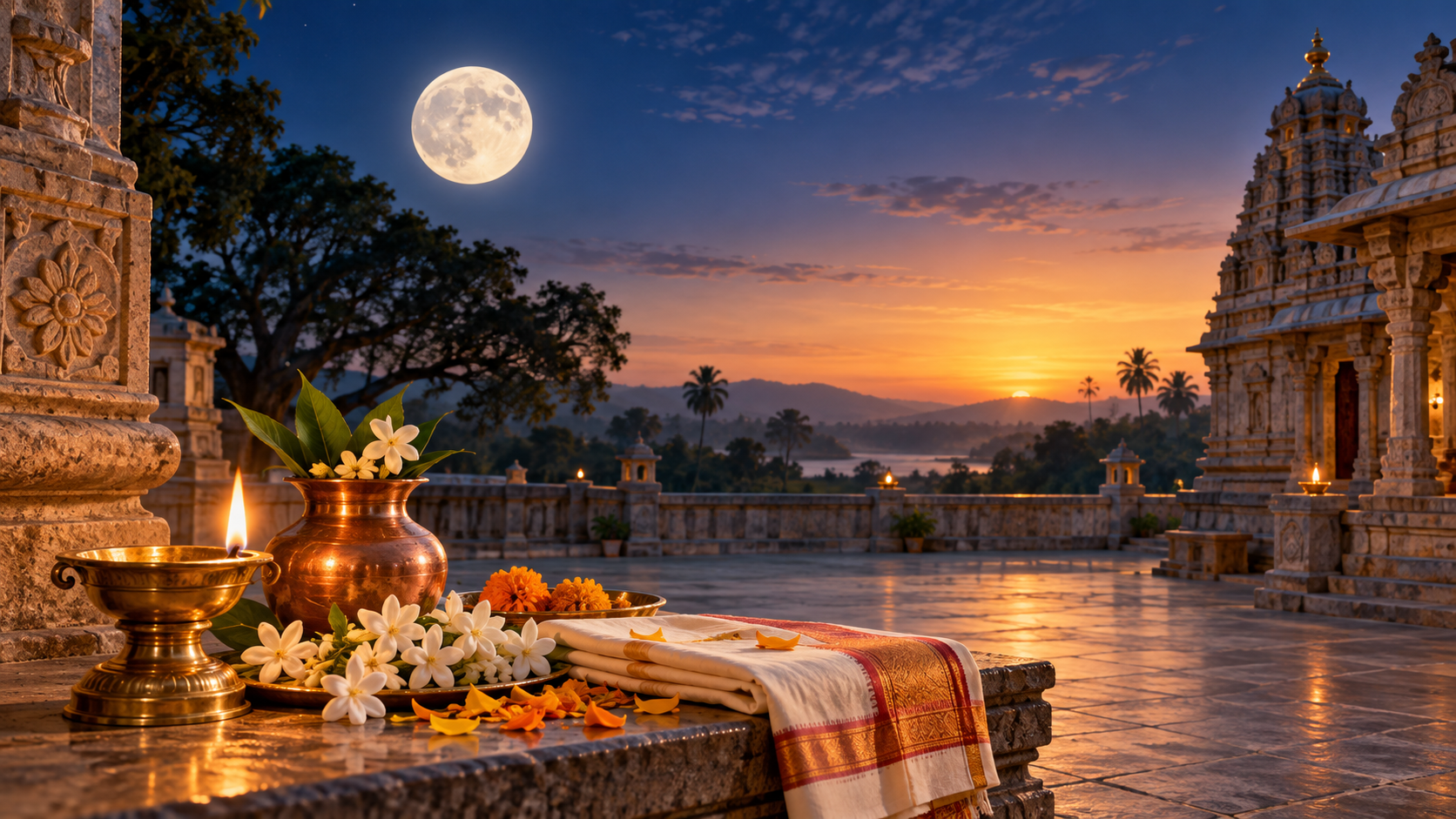 A full moon over a temple courtyard at dawn, with a brass oil lamp, copper vessel, flowers, and a folded prayer cloth in the foreground.