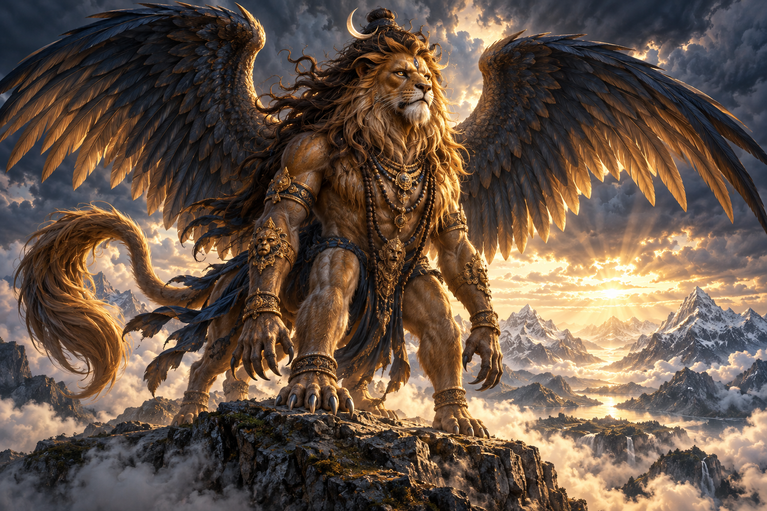 Sharabha, shown as a winged lion-like manifestation of Shiva, stands on a mountain ledge as storm clouds begin to clear.