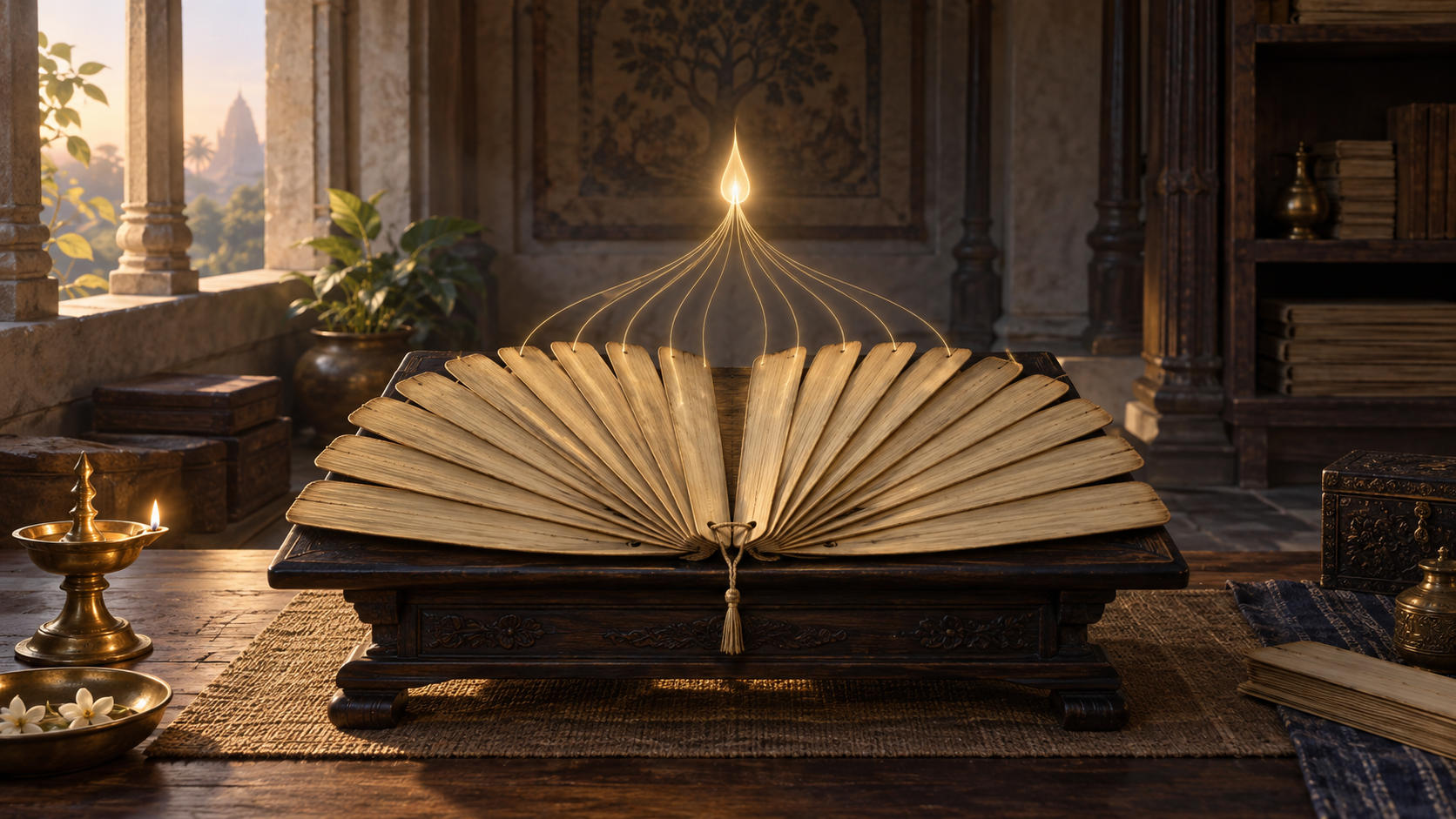 Separate palm-leaf manuscript folios arranged on a wooden stand, with golden strands of light converging into a single flame above them.