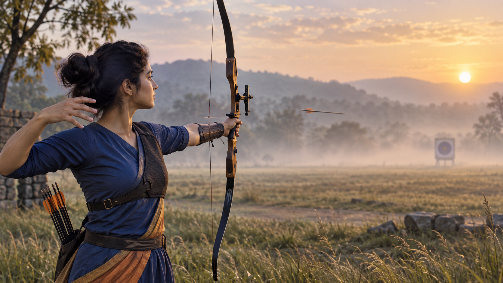 An Indian woman archer holds her follow-through as an arrow travels toward a distant target hidden partly by morning mist.