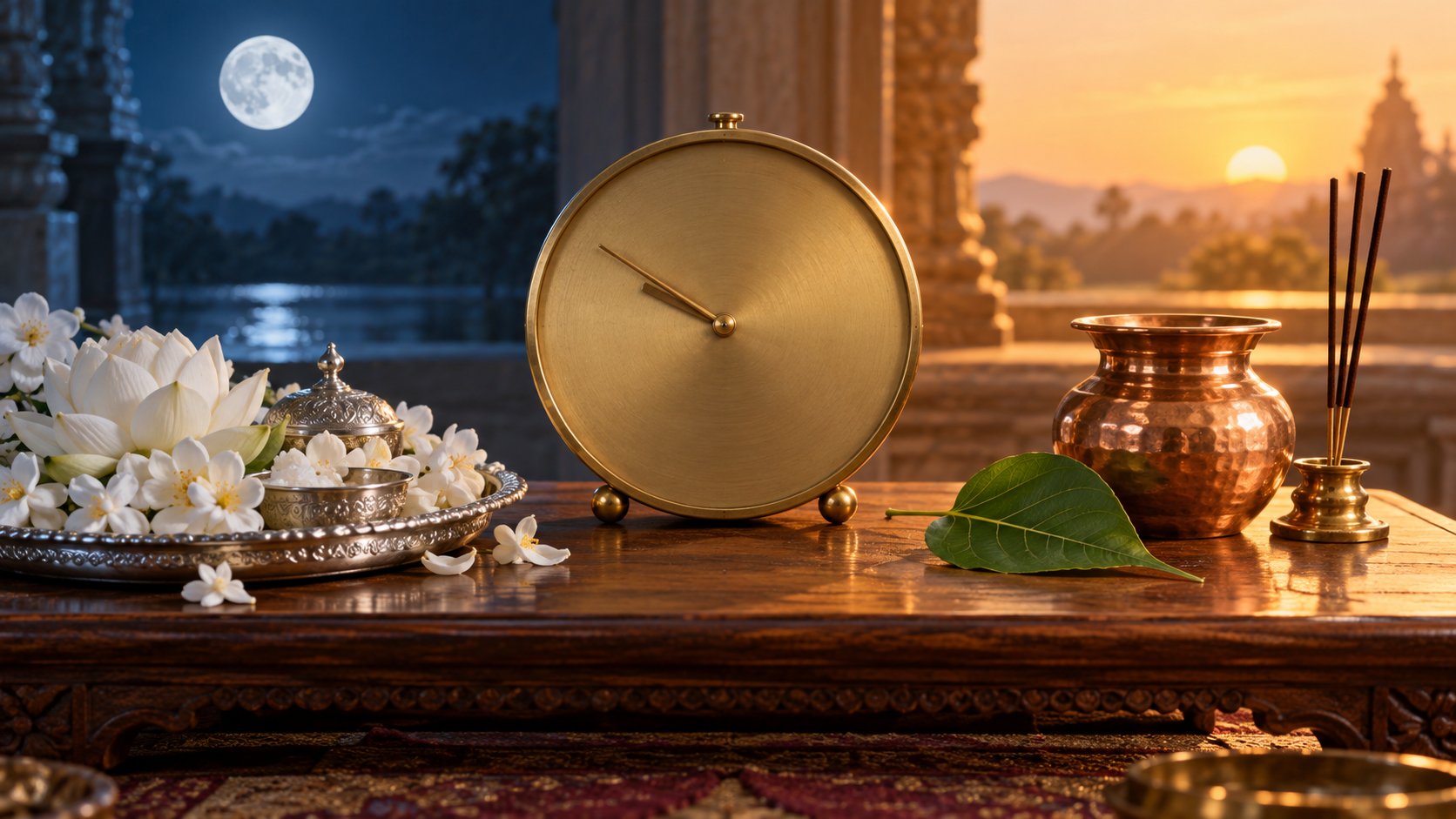 A blank-faced brass clock near ten o'clock divides a moonlit arrangement of white flowers from a sunlit arrangement with a copper vessel and fresh leaf.