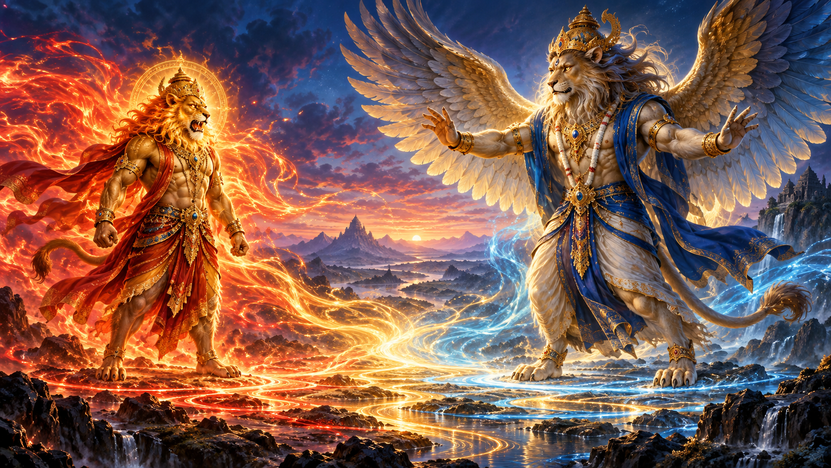 A winged Sharabha approaches a lion-headed divine figure as fiery energy between them softens into calm blue and golden light.