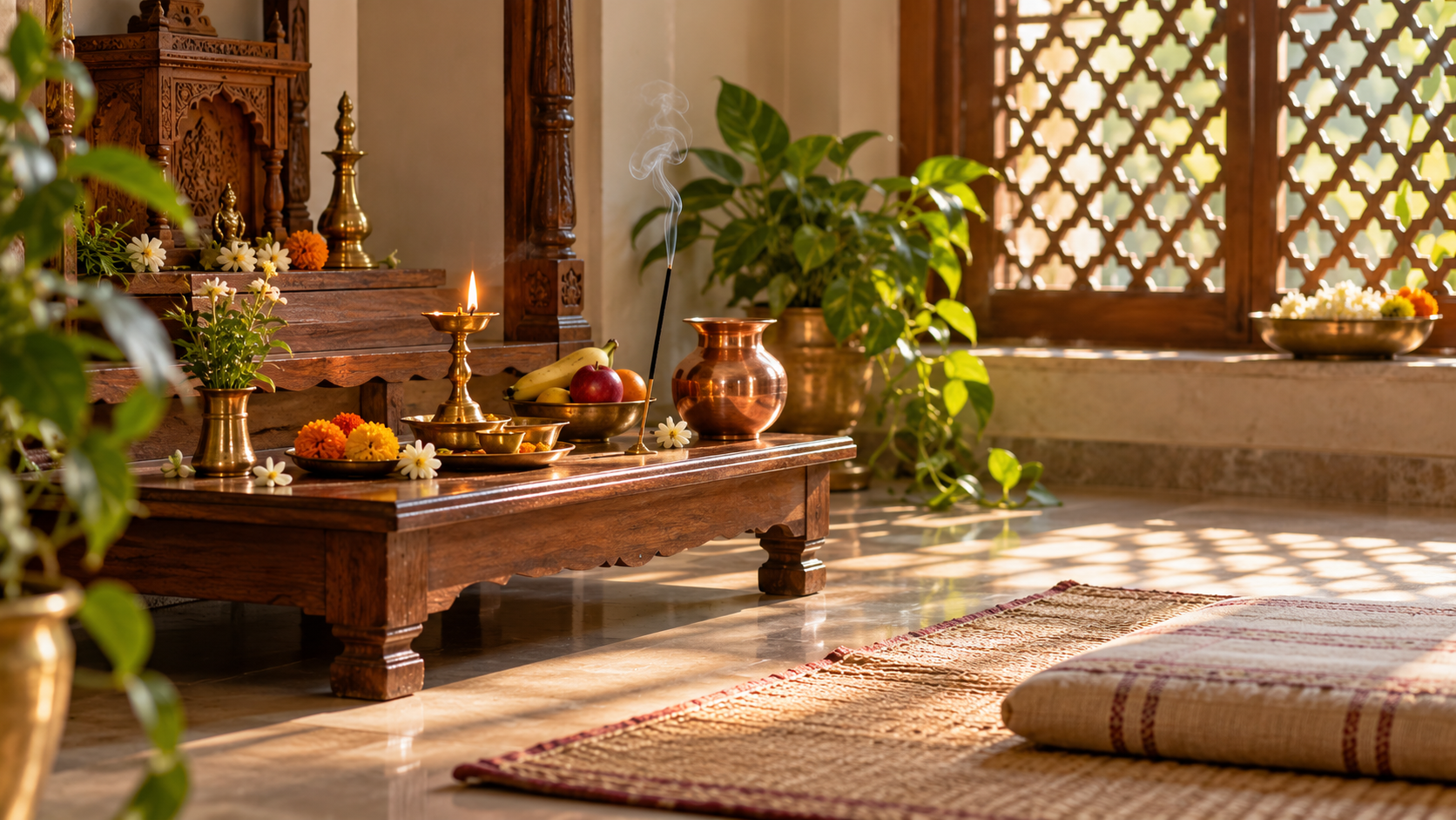 A home prayer altar with a burning brass lamp, copper water vessel, fruit, flowers, incense, and a meditation mat in morning light.