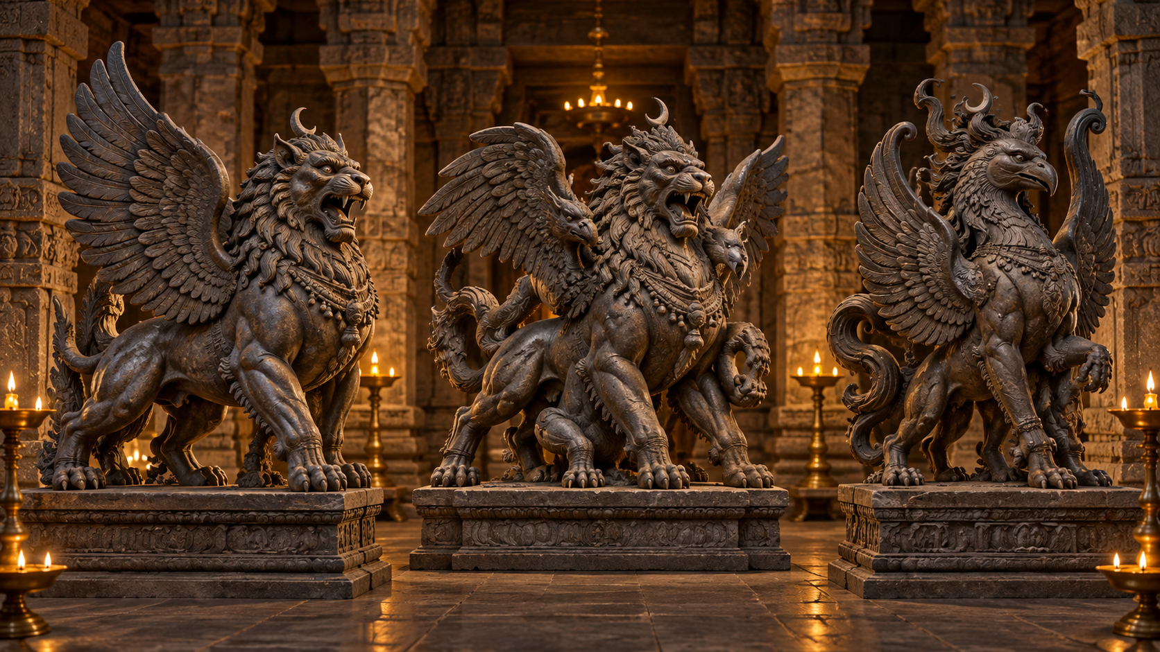 Three different stone sculptural interpretations of Sharabha display varying combinations of lion, bird, and Shaiva features.