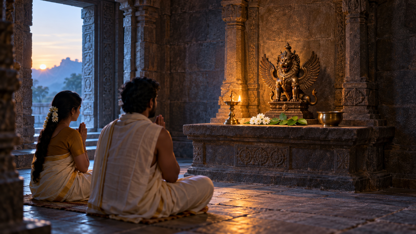 Two worshippers sit before a small Sharabha shrine with an oil lamp, white flowers, bilva leaves, and a bowl of water at dawn.
