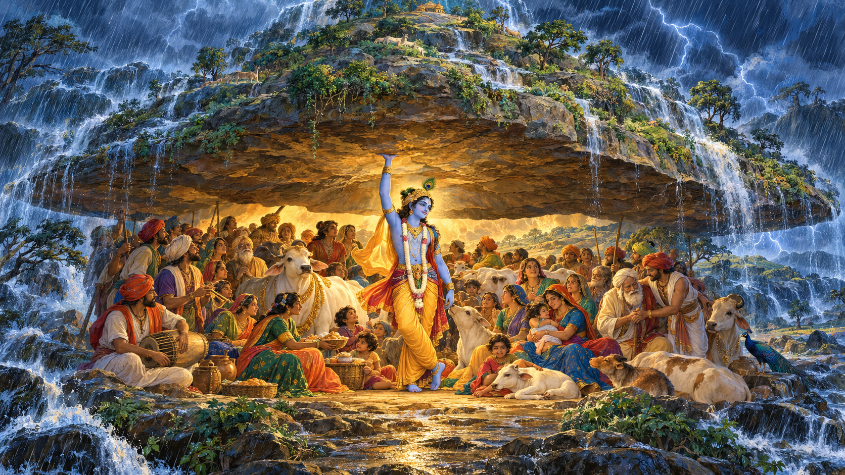 Krishna holds Govardhan Hill above villagers and cattle as they shelter from rain in a shared golden light.