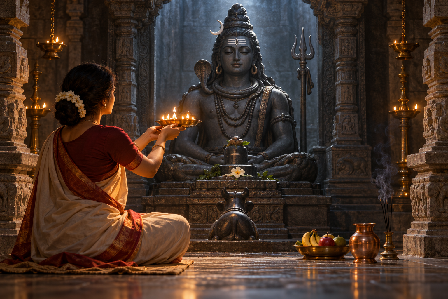 A devotee circles a brass lamp before a Shiva murti, with flowers, fruit, incense, and a copper vessel nearby.