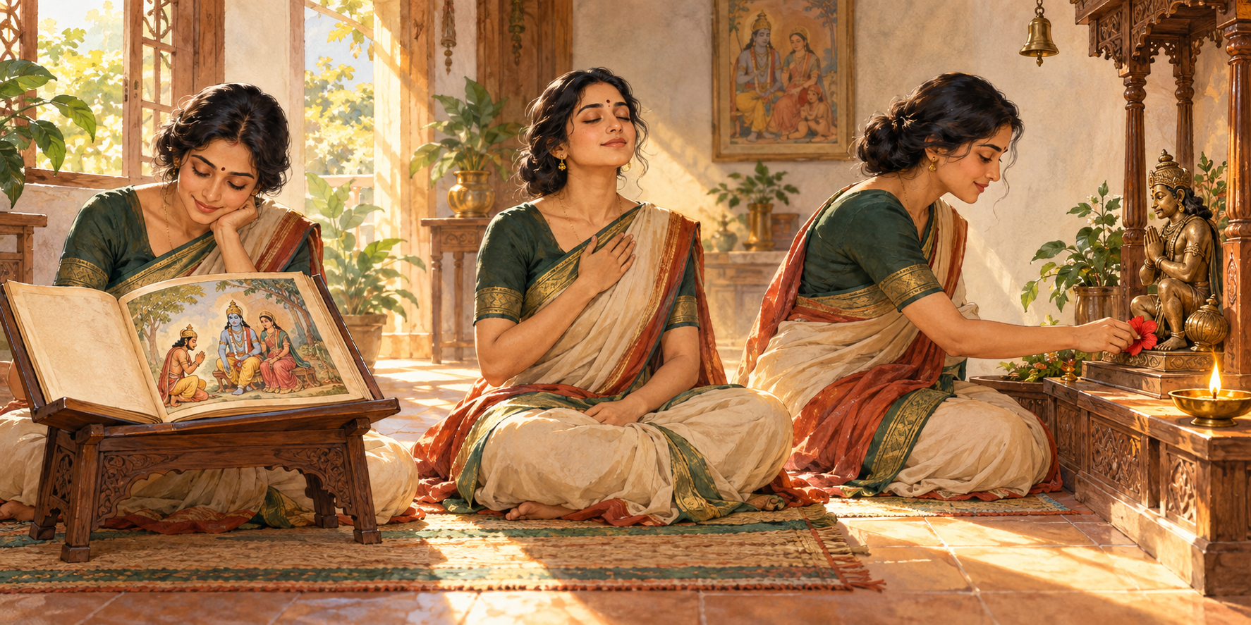 A devotee reads a scene of Hanuman with Rama and Sita, reflects quietly, and offers a red flower at a small shrine.