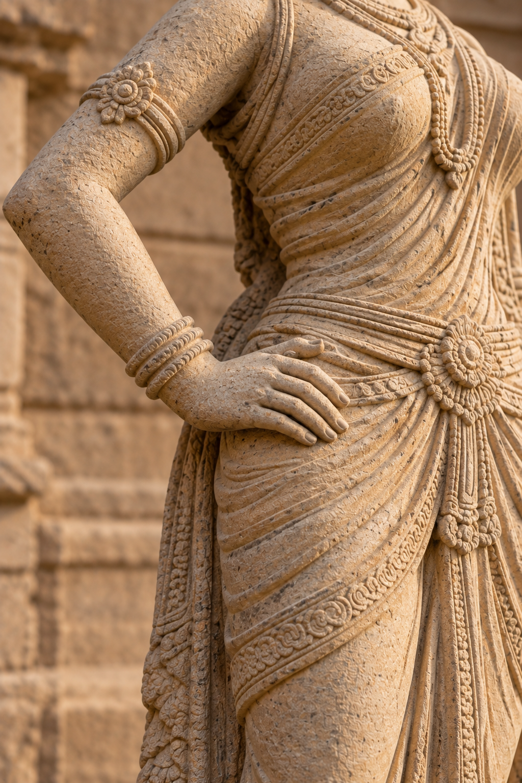 Close view of a sandstone murti's bent arm, outward elbow, and hand resting naturally at the waist.