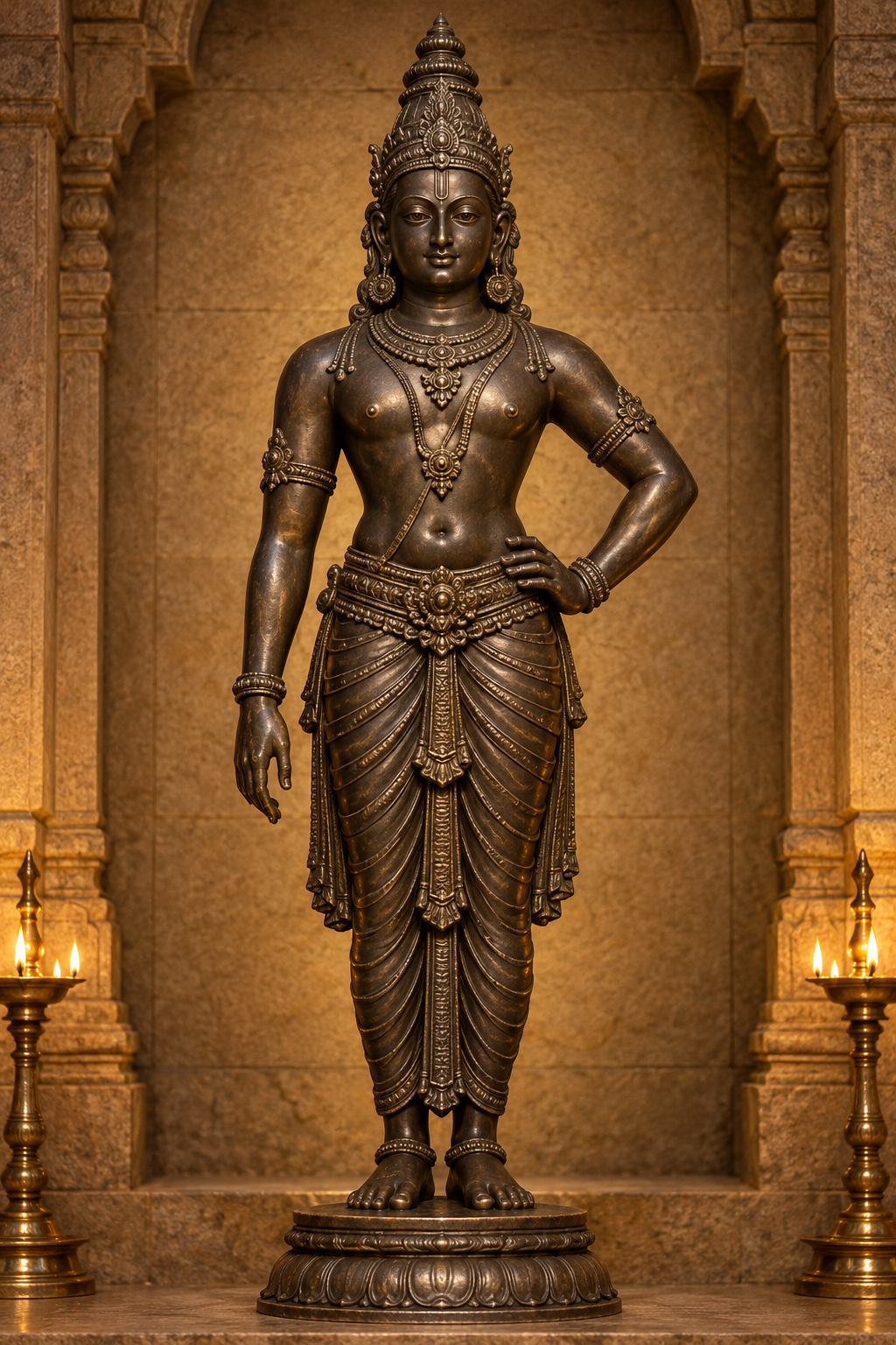 Full-length bronze murti in a stable upright stance with a serene expression and one hand resting on the hip.